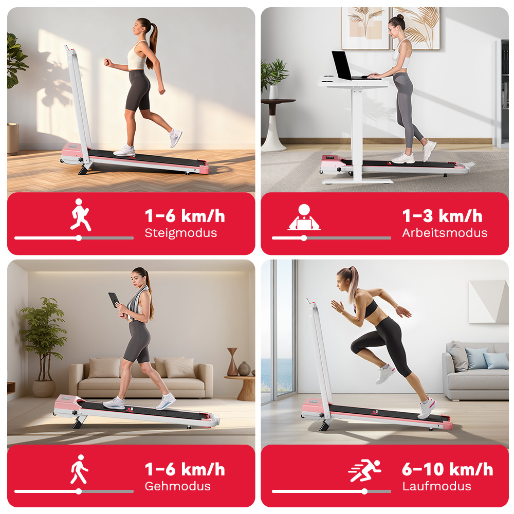 Cztery zdjęcia przedstawiają osoby korzystające z bieżni. Jedna osoba chodzi, jedna pracuje, jedna idzie, a jedna biegnie. Zakresy prędkości są podane.