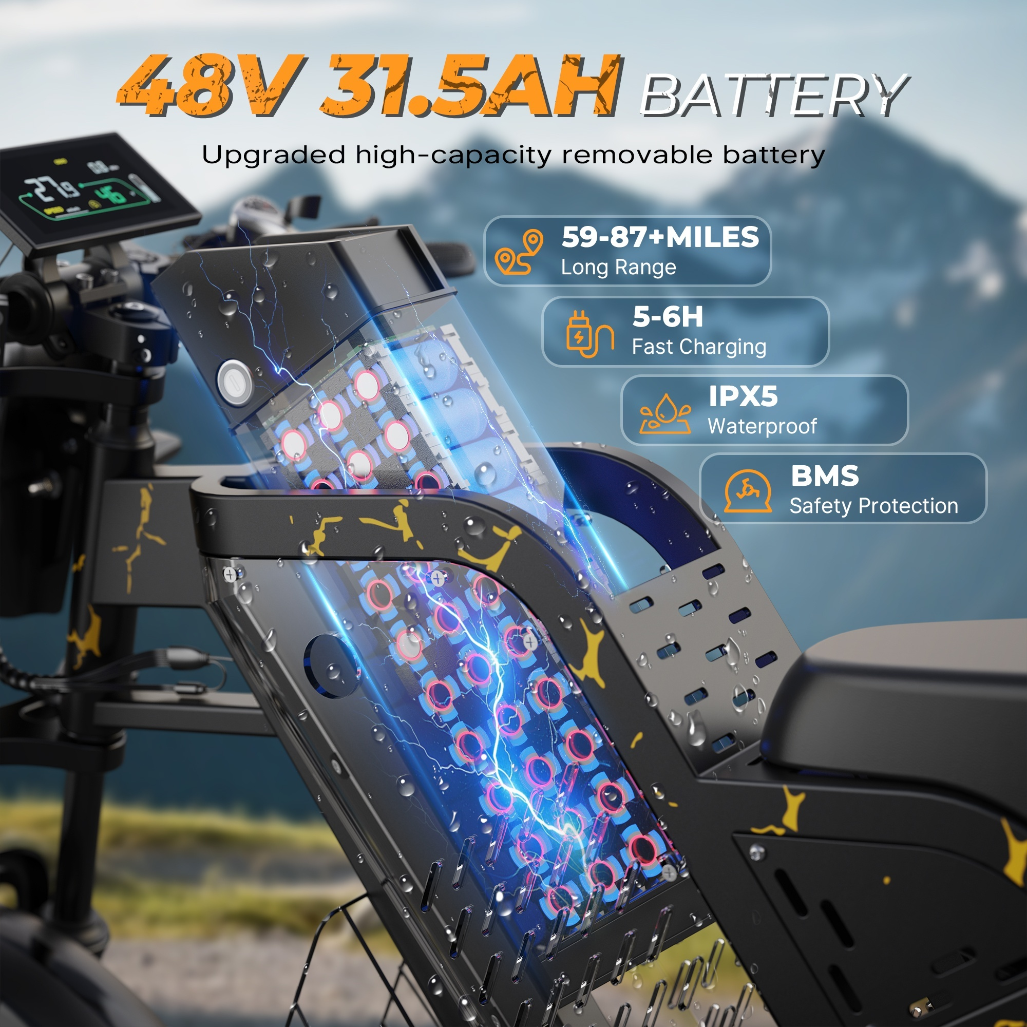 Widoczna bateria skutera elektrycznego, pokazująca funkcje: zasięg 59-87+ mil, szybkie ładowanie 5-6H, wodoodporność IPX5 i ochrona BMS.
