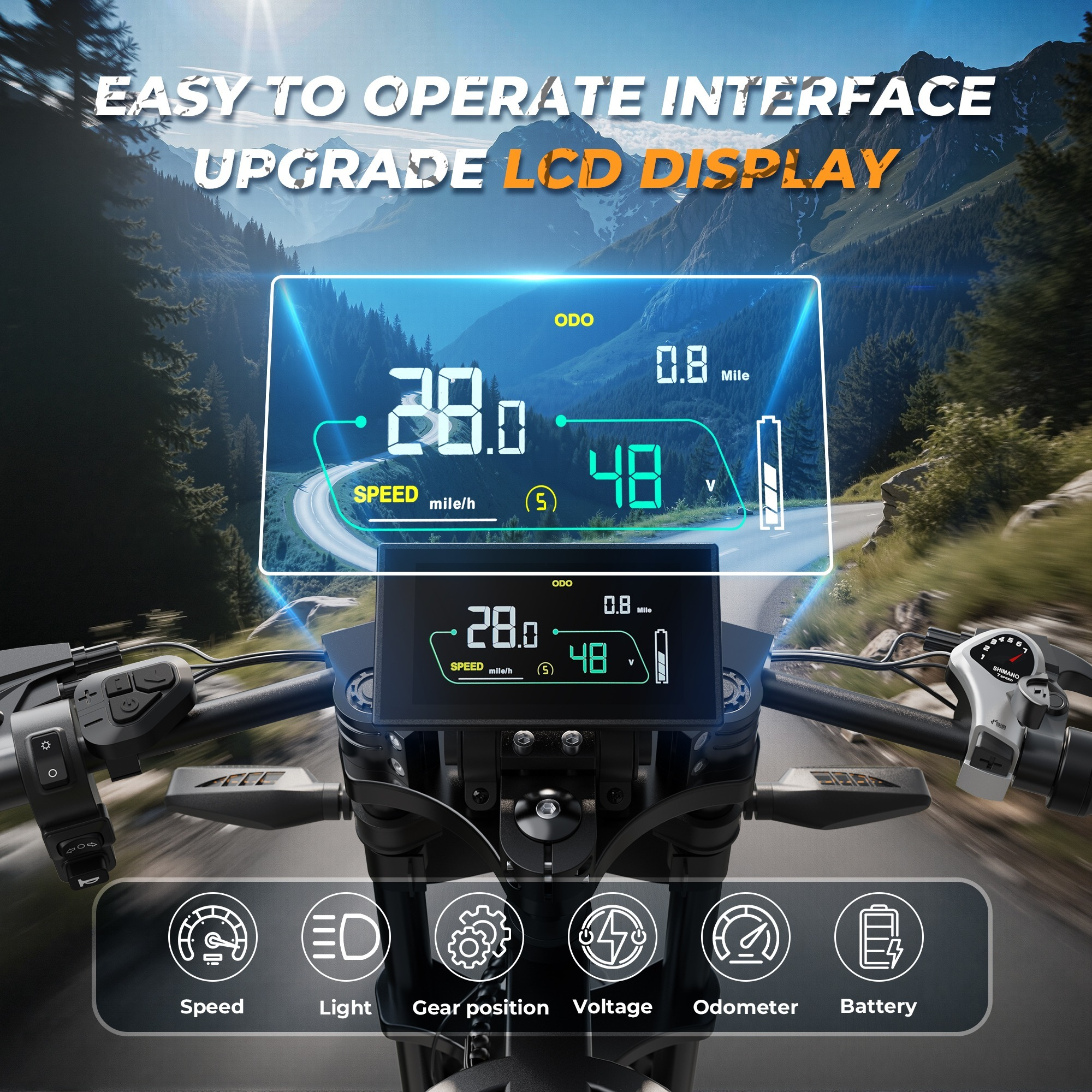 Deska rozdzielcza roweru elektrycznego wyświetla prędkość, przebieg i baterię. Scena rozgrywa się na tle gór.