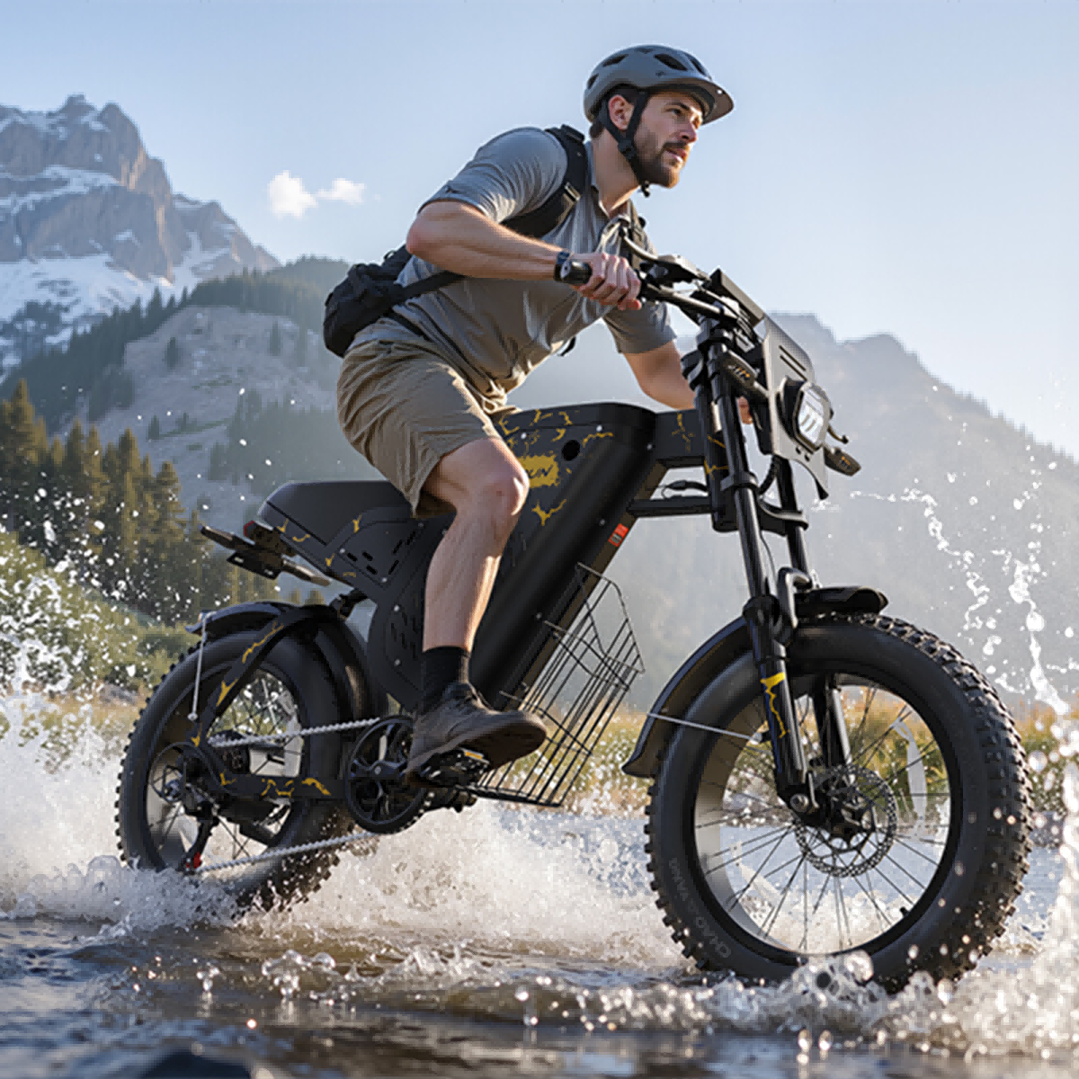 Mężczyzna jedzie rowerem elektrycznym przez strumień. Rower jest czarno-żółty. W tle góry i drzewa.
