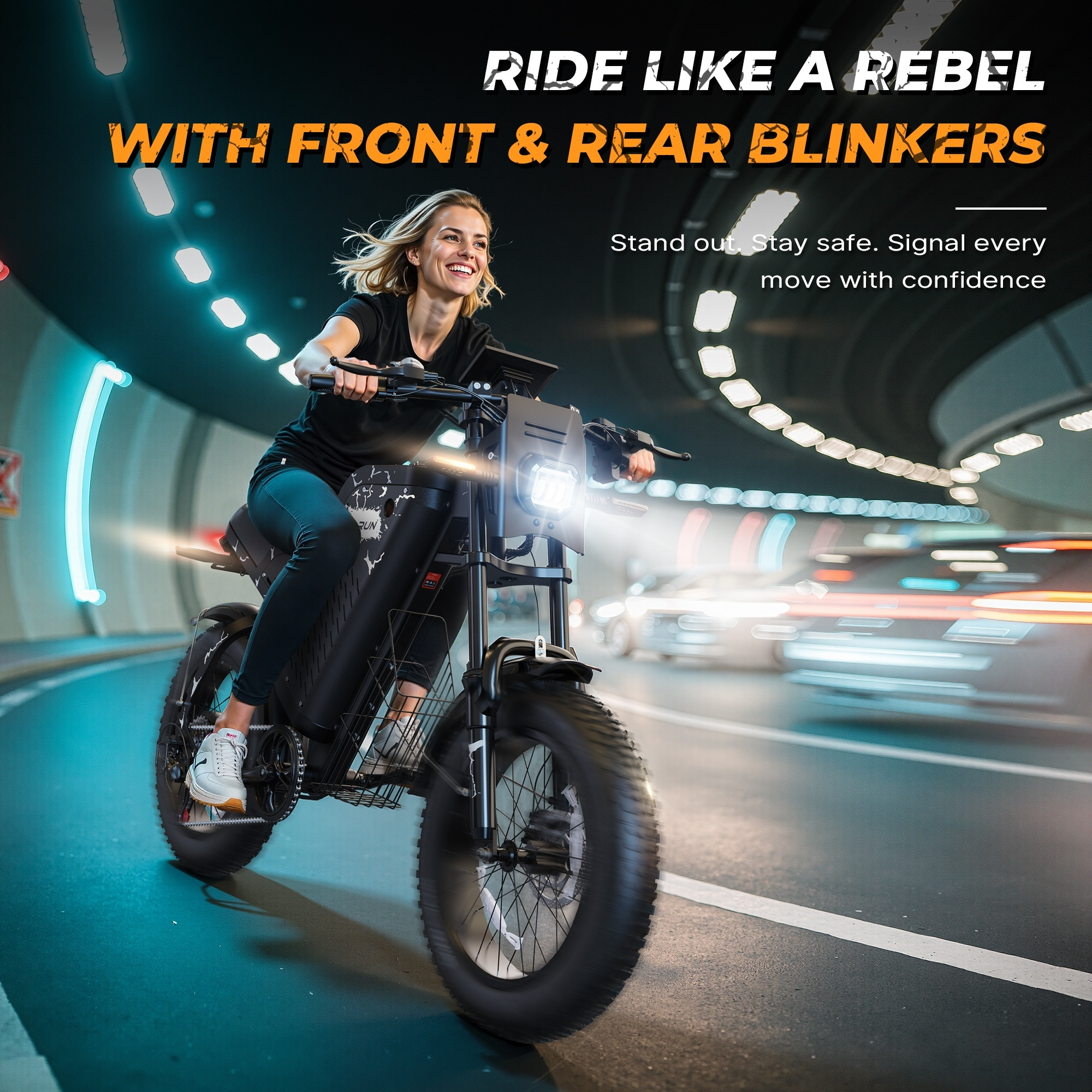 Kobieta jadąca rowerem elektrycznym w tunelu. Rower jest czarny z przednimi i tylnymi kierunkowskazami.