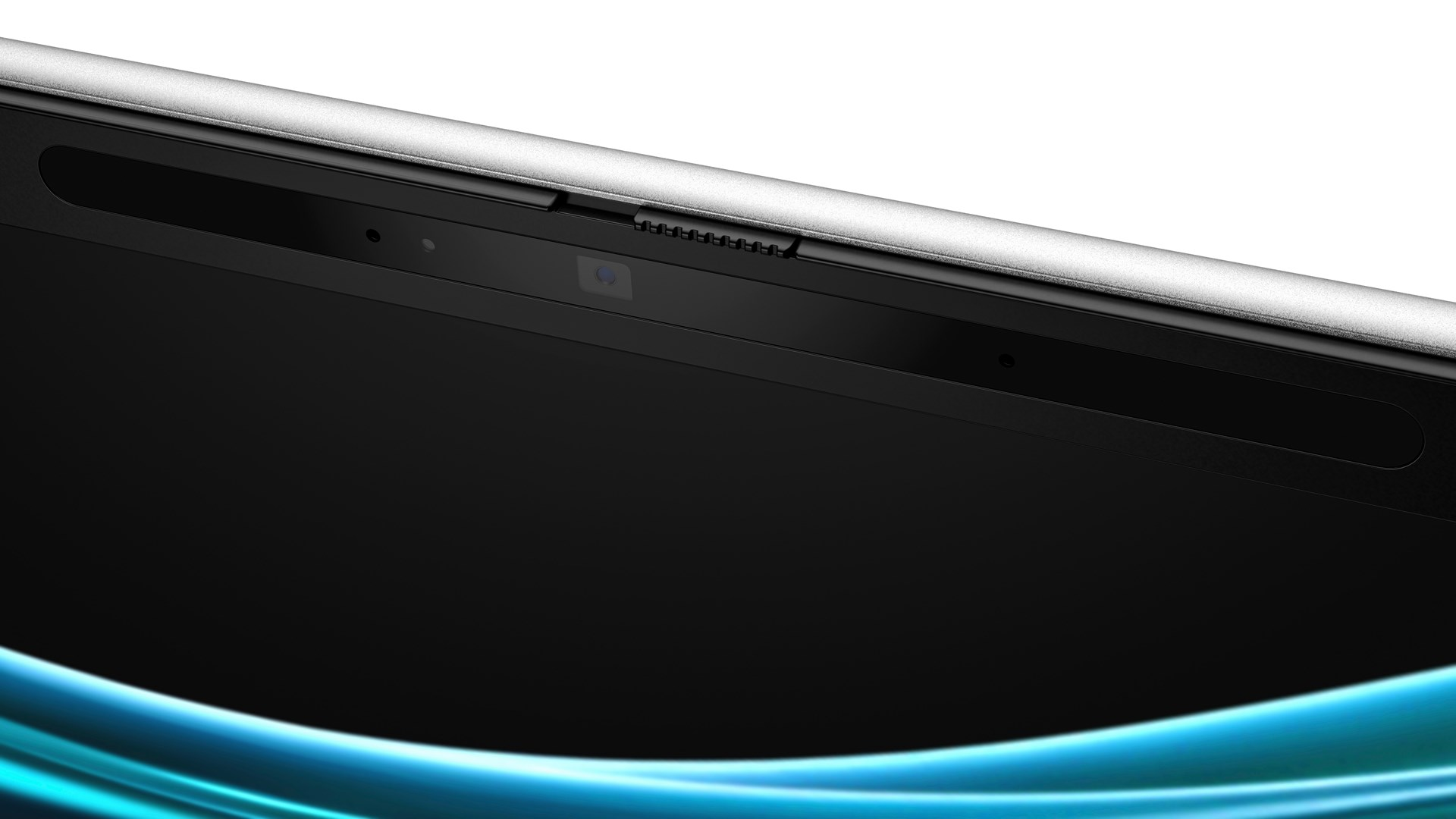 Zbliżenie górnej części laptopa. Ekran jest czarny, ze srebrną górną krawędzią. Widoczna kamera i mikrofon.