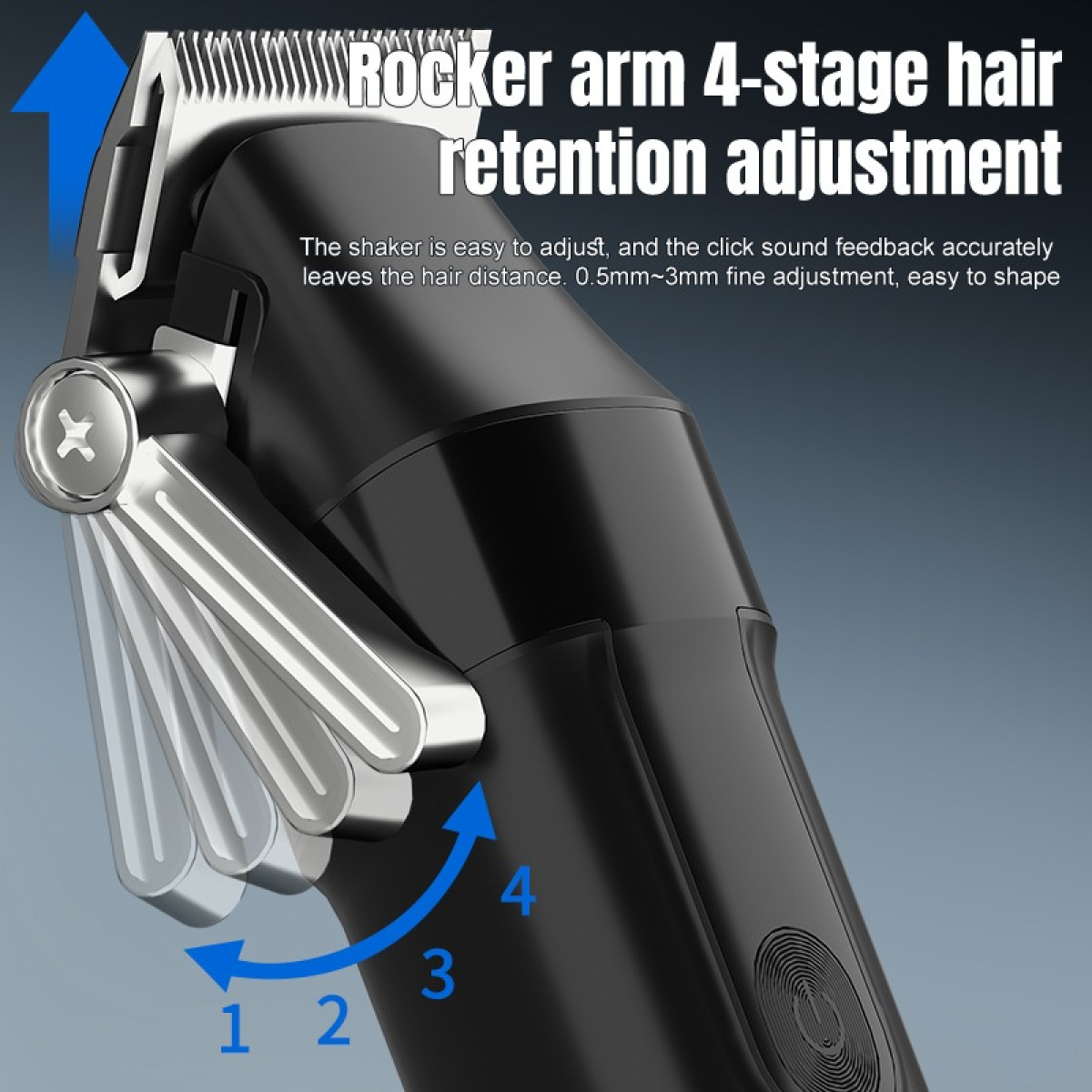 Zbliżenie czarnej maszynki do włosów. Pokazuje ostrze, dźwignię regulacji i numery wskazujące poziomy regulacji.