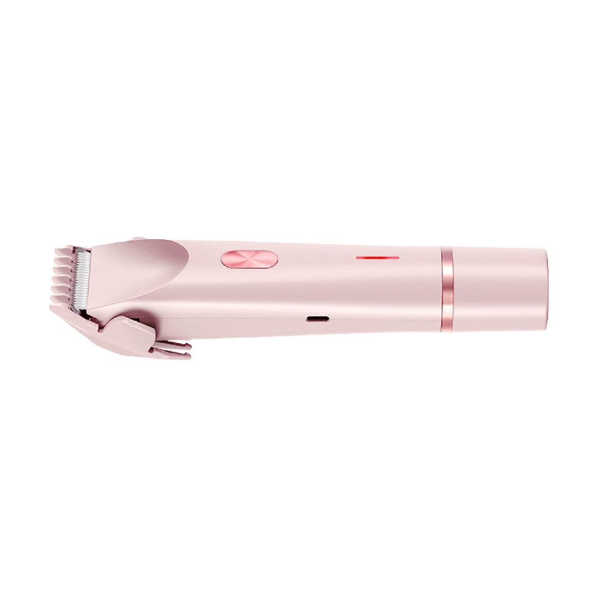 Ein rosa Haarschneider liegt horizontal. Er hat Klingen an einem Ende, einen Knopf und eine Ladeanzeige. Der Hintergrund ist weiß.