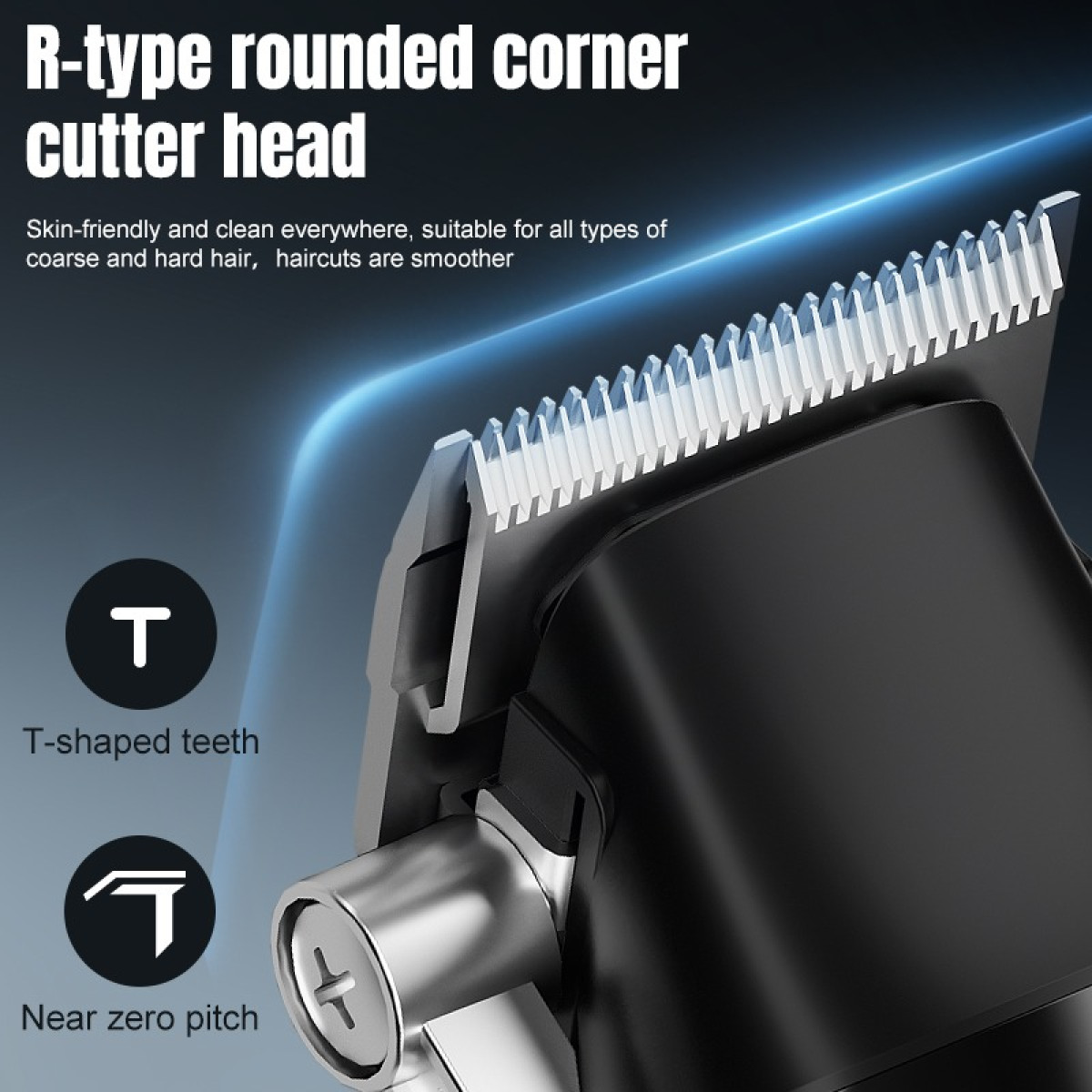 Zbliżenie czarnej i srebrnej głowicy maszynki do włosów z ostrymi zębami. Tekst wskazuje, że jest to głowica tnąca z zaokrąglonym rogiem.