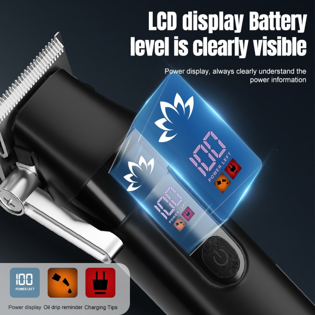 Czarna maszynka do włosów z ekranem LCD pokazującym poziom naładowania baterii. Widoczne są również ikony przypomnienia o oleju i wskazówki dotyczące ładowania.
