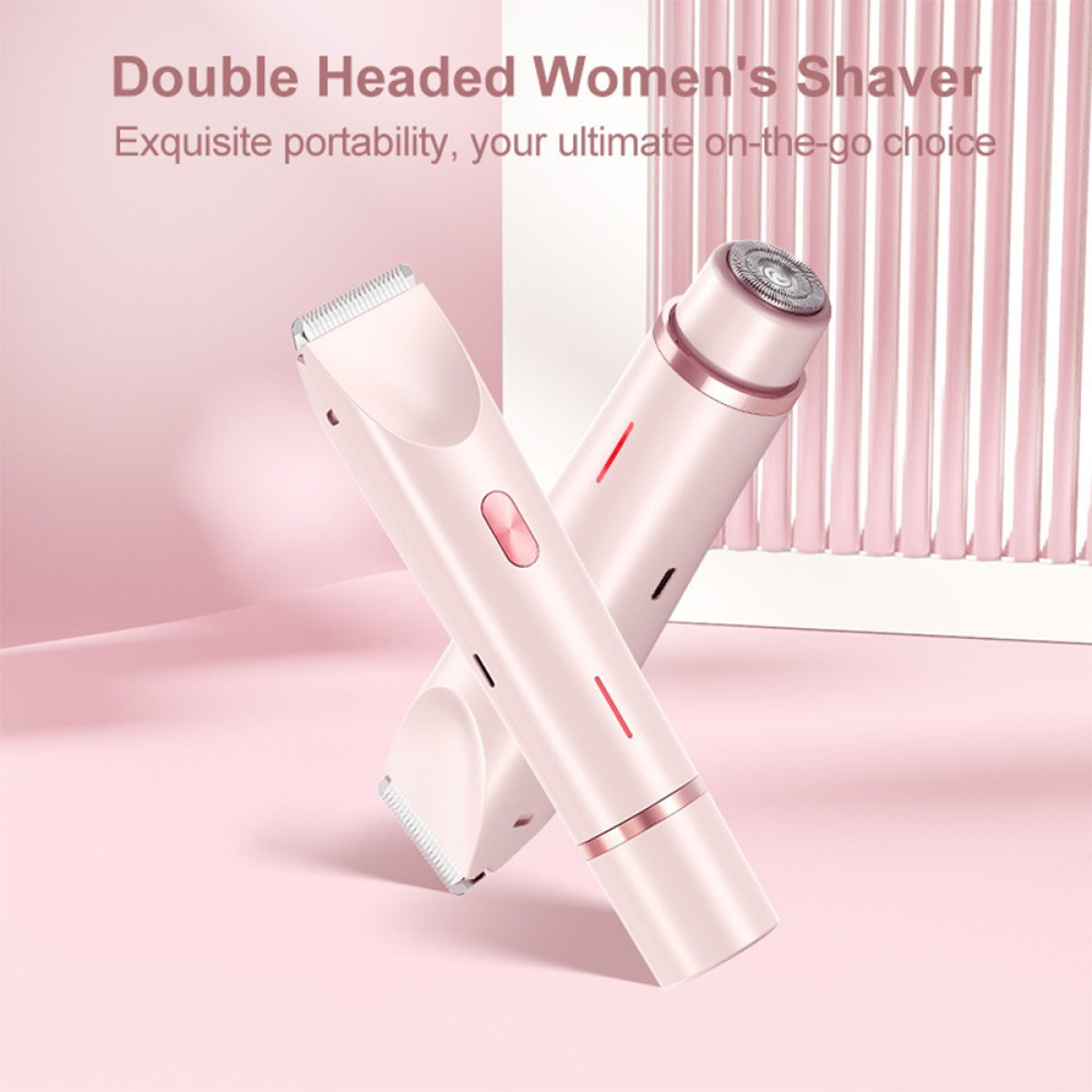 Zwei rosa Damenrasierer kreuzen sich auf rosa Hintergrund. Text: 'Double Headed Women's Shaver' und 'Exquisite portability'.