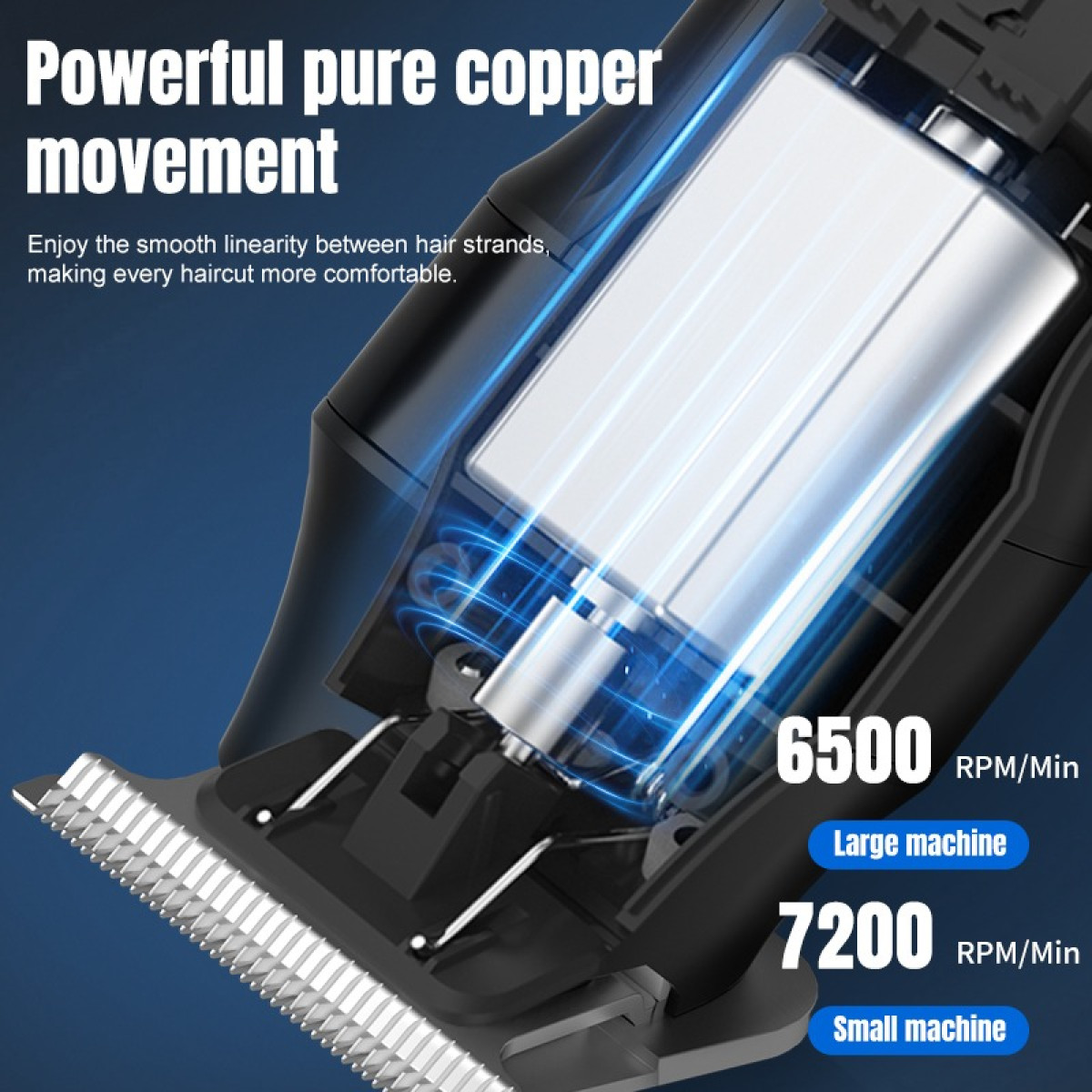 Zbliżenie czarnej maszynki do włosów. Pokazuje wewnętrzne elementy, z tekstem wskazującym prędkość i rozmiar maszyny.