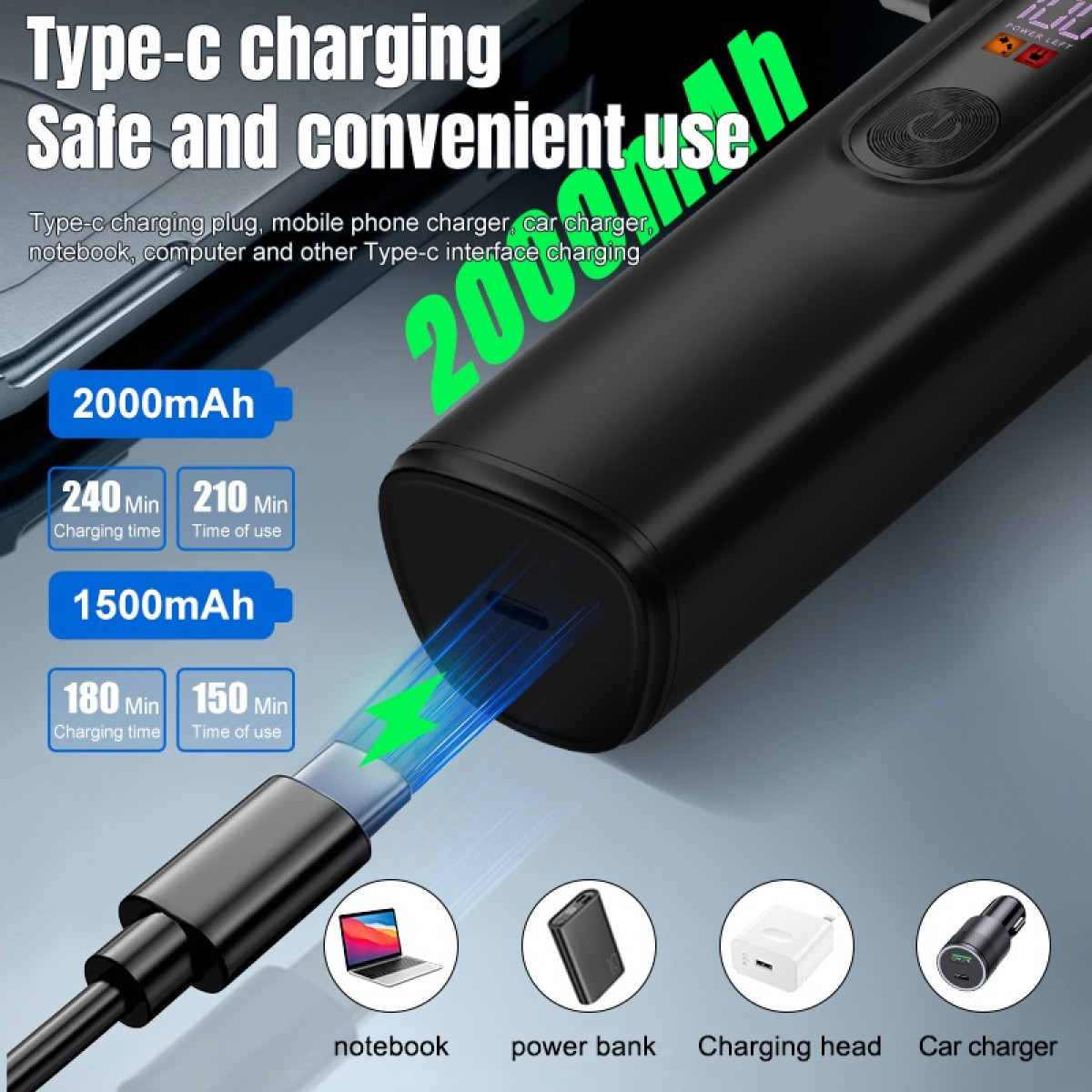 Czarne urządzenie ładujące z kablem USB-C. Tekst wskazuje czasy ładowania i kompatybilność z urządzeniami takimi jak notebooki i ładowarki samochodowe.