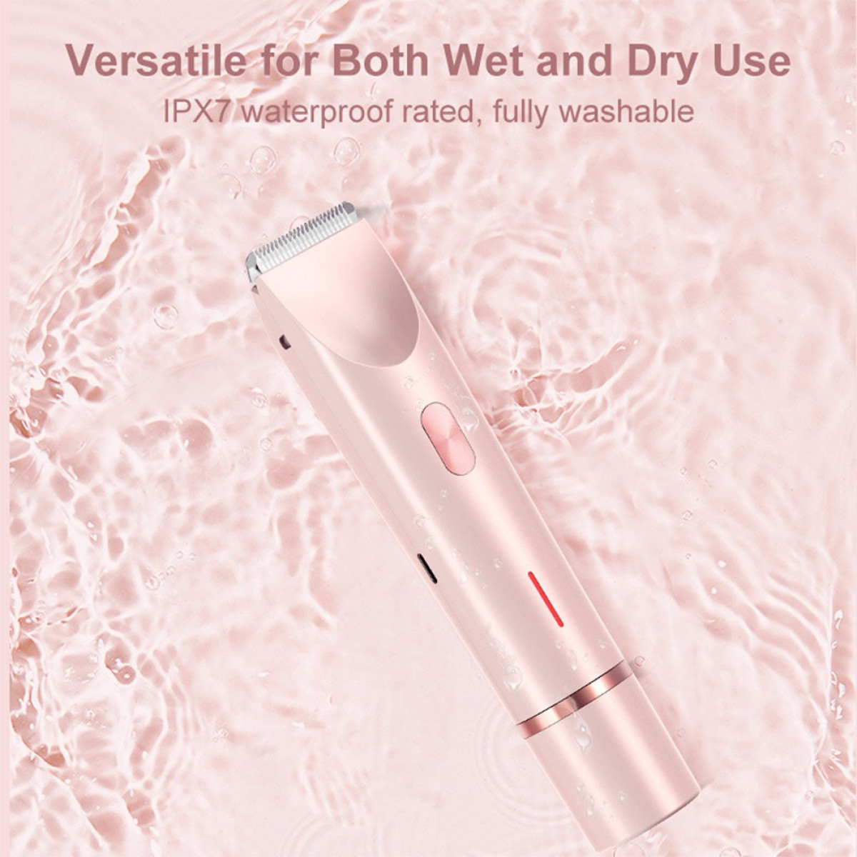 Ein rosa Elektrorasierer schwimmt im Wasser. Er hat einen rosafarbenen Knopf und eine rote Anzeige. Der Hintergrund ist rosa Wasser mit Wellen.