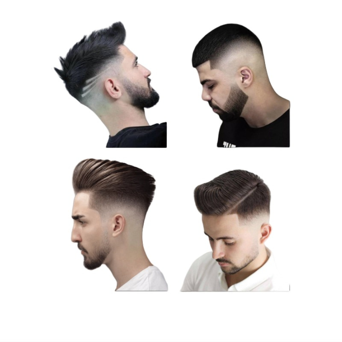 Czterech mężczyzn z różnymi fryzurami. Mają różne cięcia typu fade, z różnymi stylami brody, na białym tle.