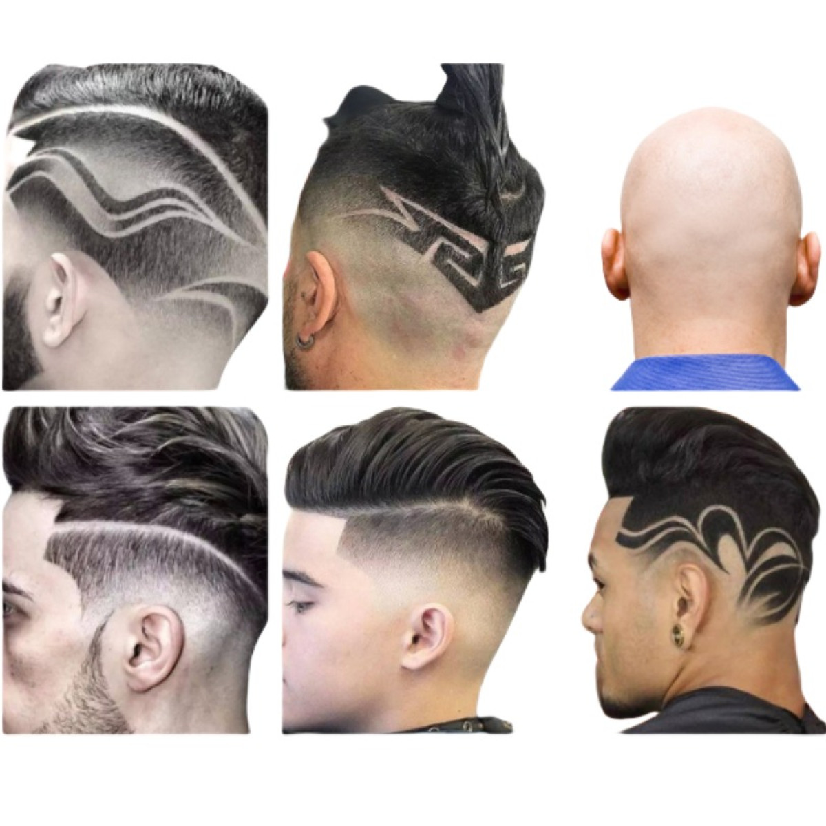 Sześć zdjęć męskich fryzur z różnymi wzorami i ogolonymi wzorami. Style obejmują przejścia, ogolone linie i różne długości.