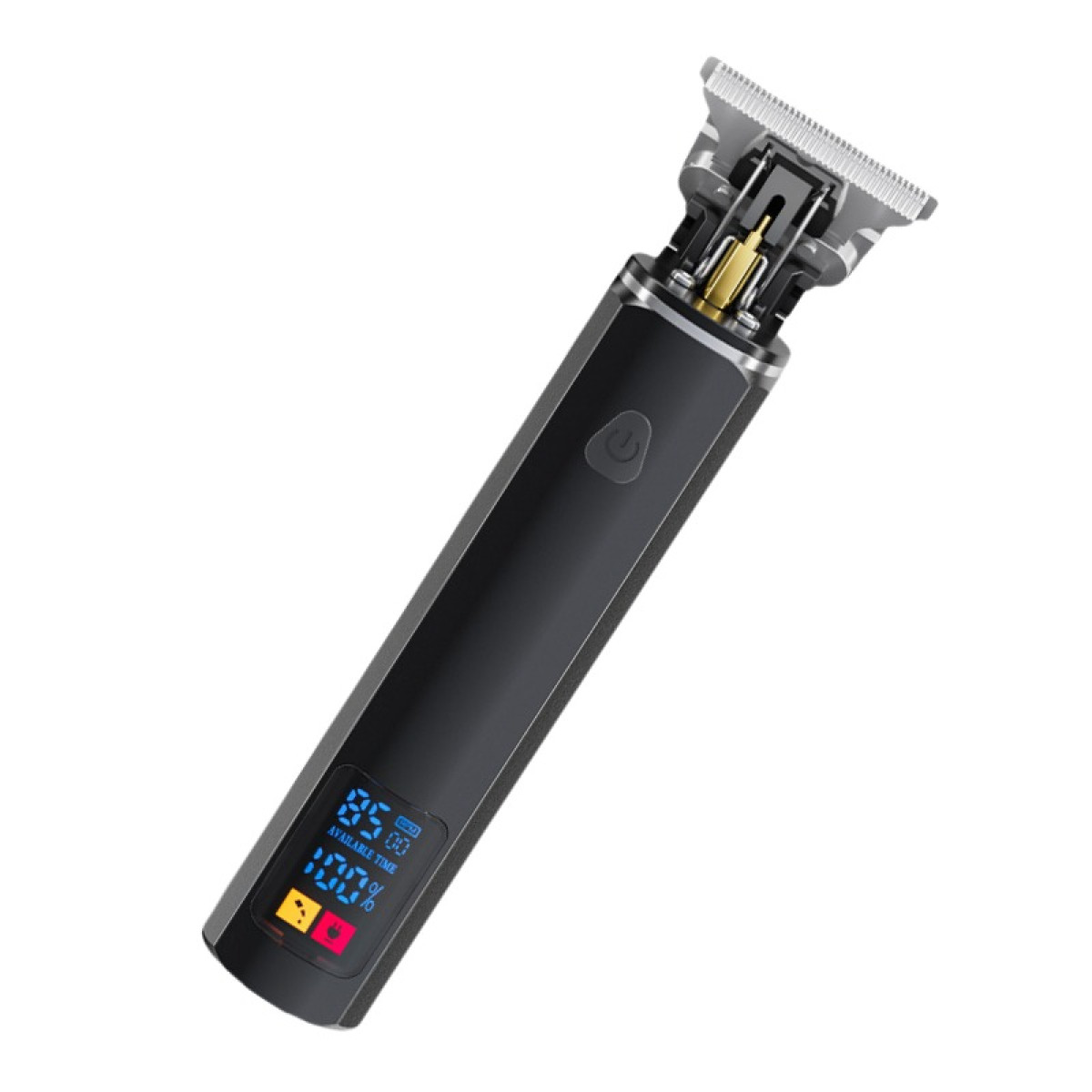 Czarna i srebrna maszynka do włosów z ekranem LCD wyświetlającym żywotność baterii. Maszynka jest ustawiona pod kątem na białym tle.