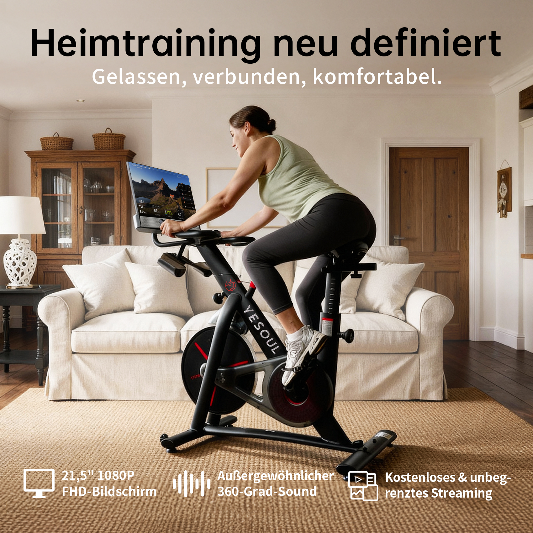 Donna su cyclette, guarda uno schermo. Include testo su schermo, audio e streaming.