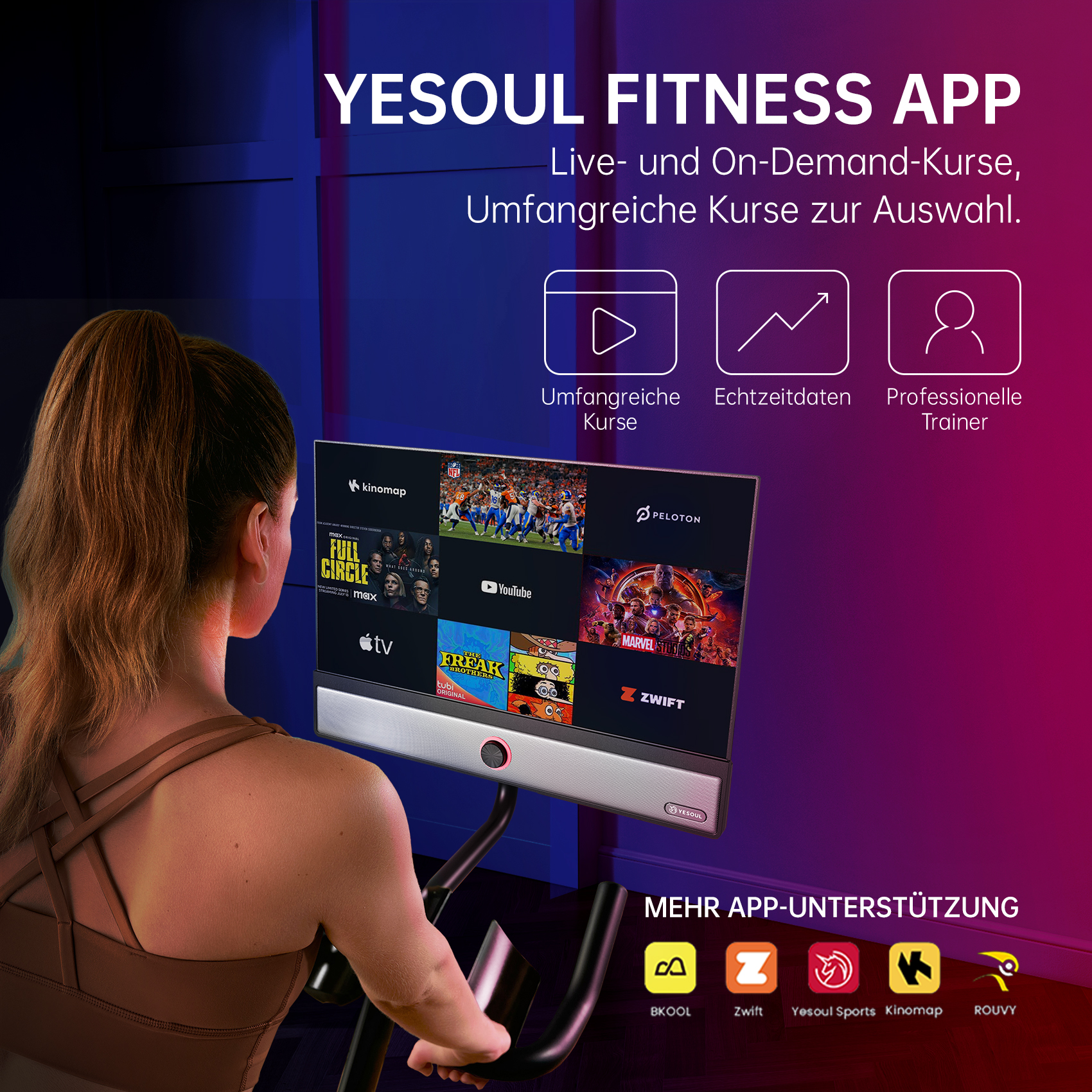 Una donna usa un'app di fitness su uno schermo. L'app offre corsi e dati in tempo reale. Sono supportate altre app.