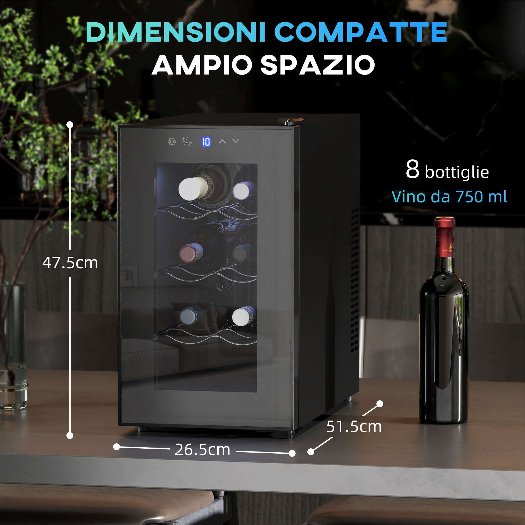 Un frigo per vino con otto bottiglie, display digitale e una bottiglia di vino. Le dimensioni sono indicate.