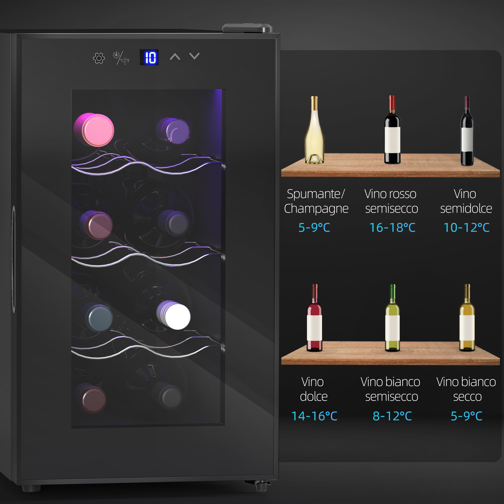 Una cantinetta con bottiglie all'interno. A destra sono visualizzate informazioni sulle temperature ideali per i diversi tipi di vino.