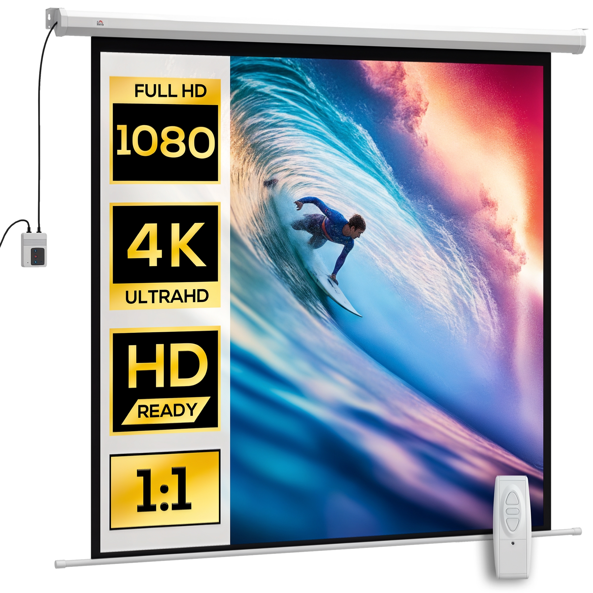 Uno schermo di proiezione mostra un surfista su un'onda. Le etichette mostrano 1080, 4K, HD e 1:1. Include un telecomando.