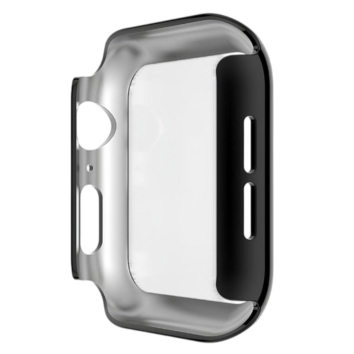 Una custodia protettiva trasparente per smartwatch. La custodia è grigio argento con un lato nero dove sono presenti i pulsanti. Sfondo bianco.