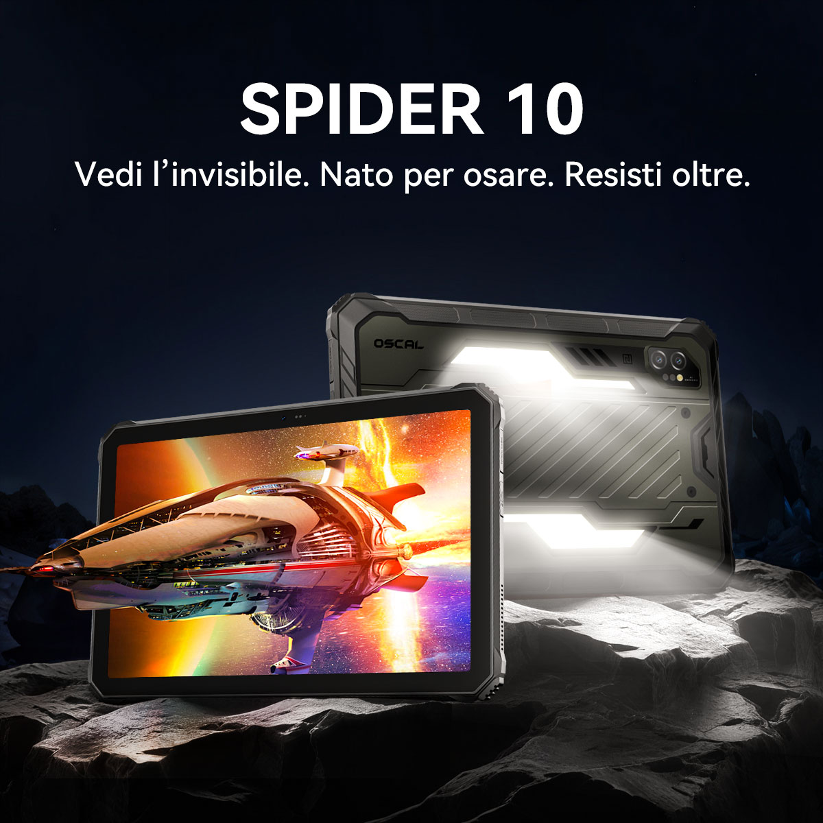 Un tablet con un'astronave sullo schermo, un telefono robusto e la scritta "SPIDER 10". Sfondo scuro, superficie rocciosa.