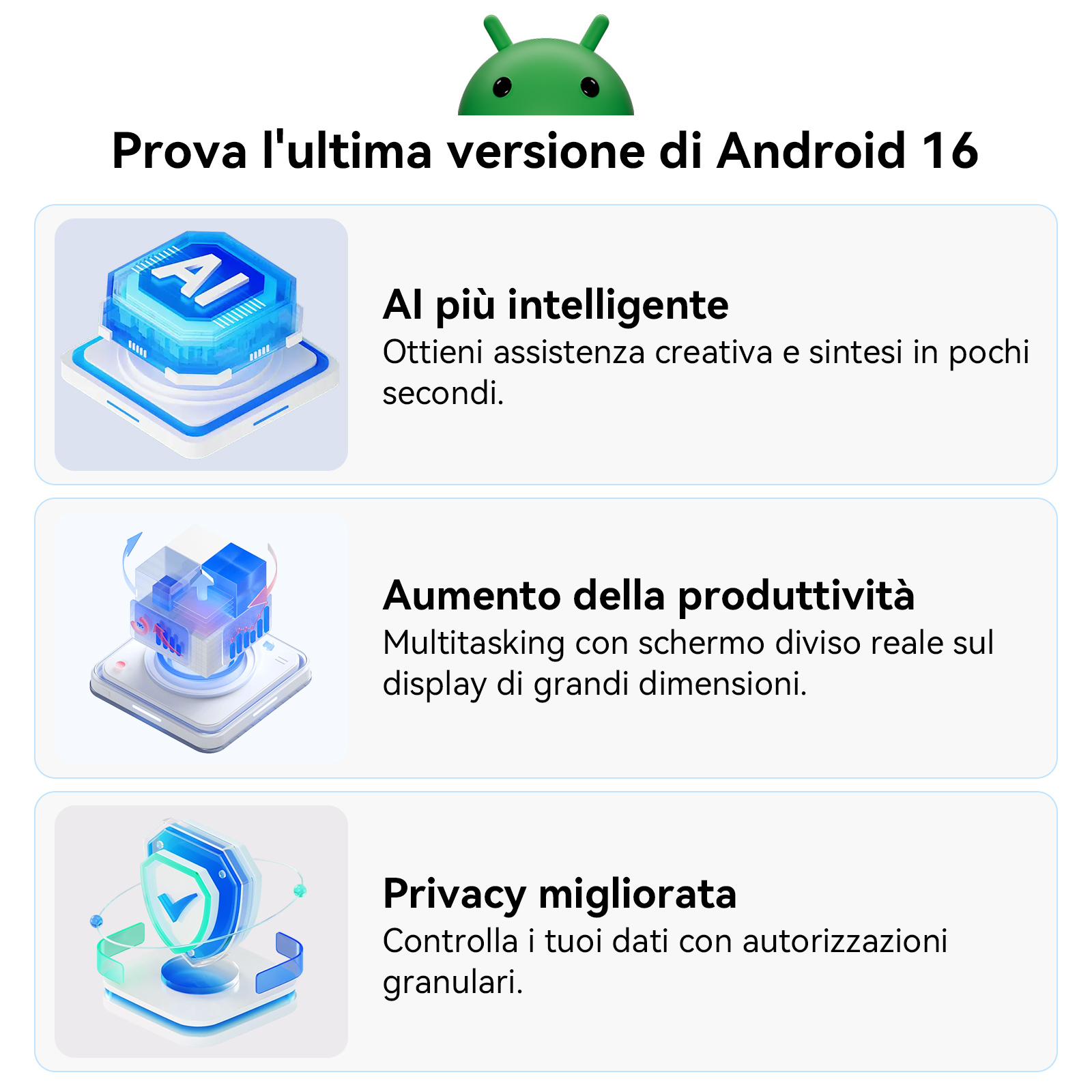 Annuncio Android 16. Logo Android verde. Icone AI, schermo diviso e scudo, testo in italiano.