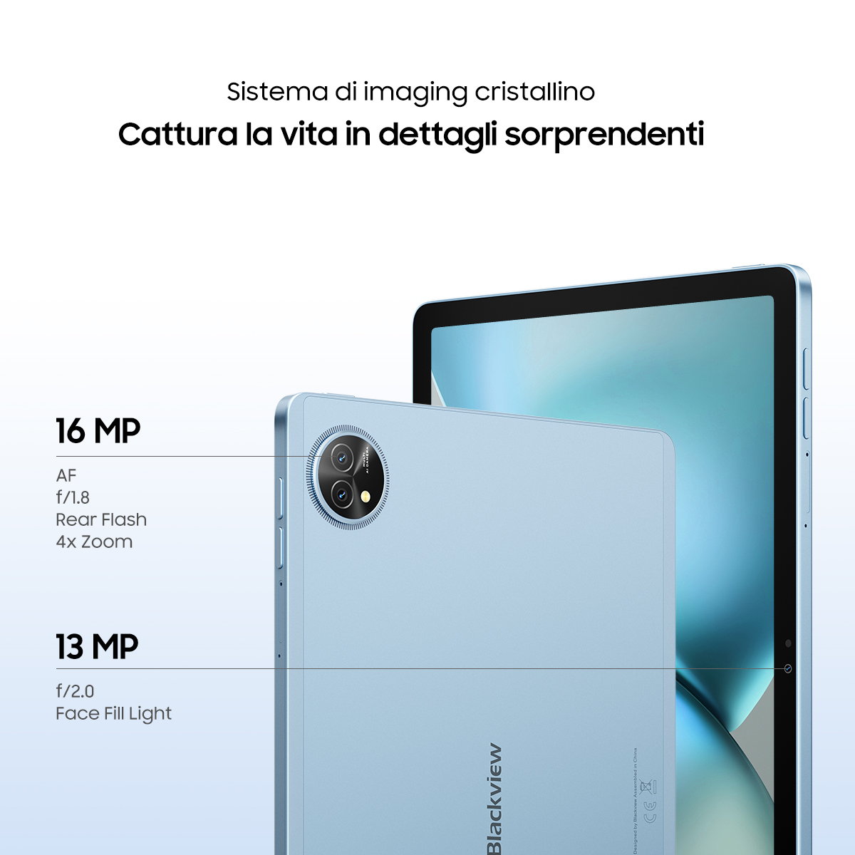 Un tablet azzurro chiaro con un modulo fotocamera è mostrato, con un altro tablet dietro e testo che dice: 16 MP, 13 MP e Blackview.