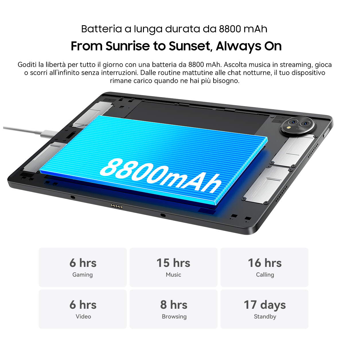 Tablet con display batteria blu intenso da 8800 mAh. Il testo evidenzia la lunga durata, i tempi di utilizzo e standby.