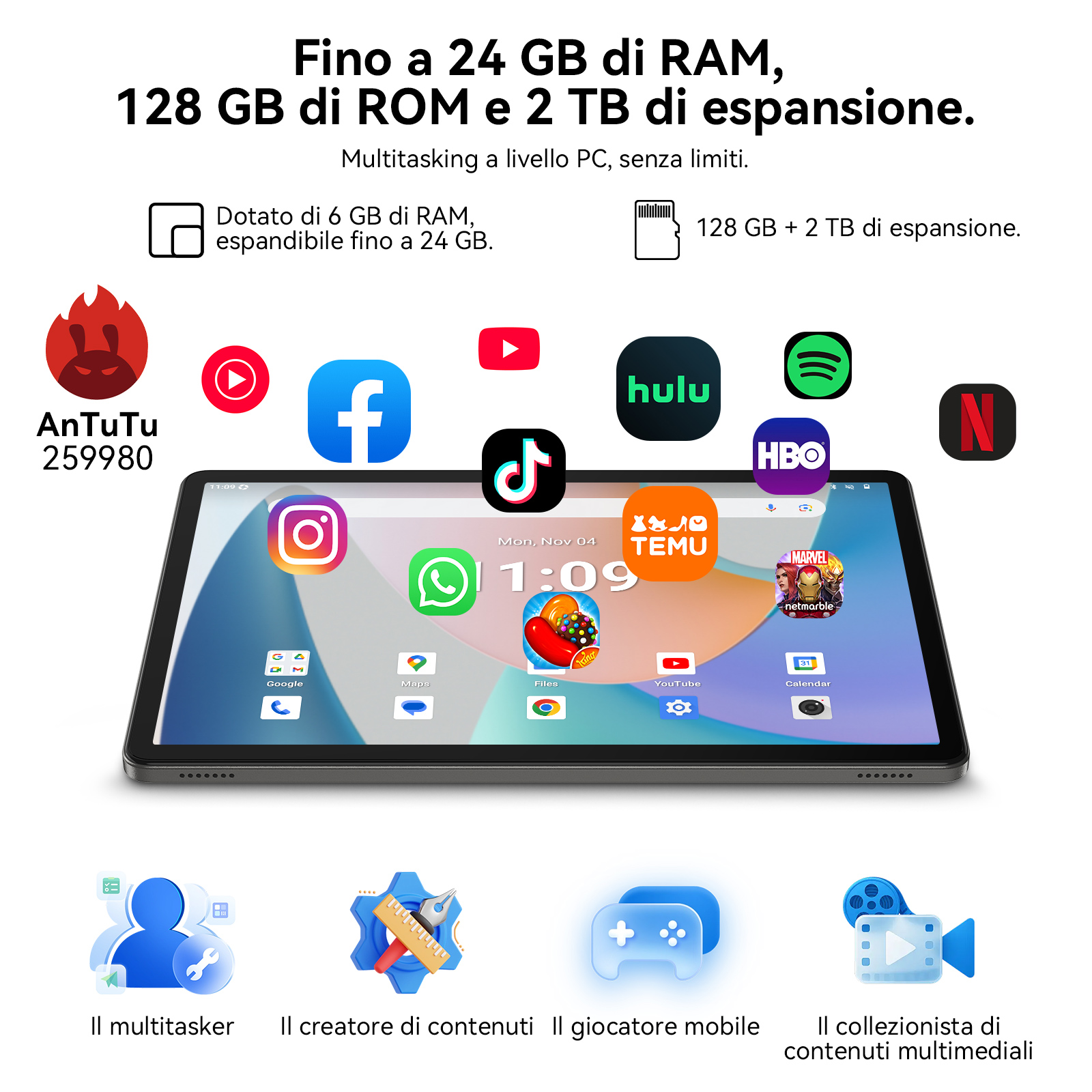 Tablet con icone di app, testo su RAM, ROM ed espansione. Icone: Facebook, YouTube, TikTok, Hulu, Spotify, Netflix.