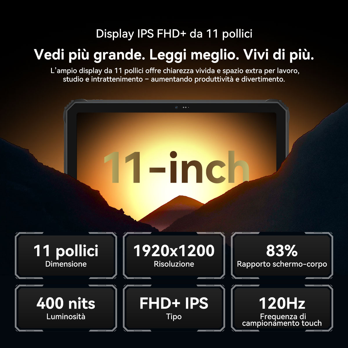 Tablet con display da 11 pollici e specifiche, testo in italiano. Include risoluzione, luminosità e rapporto schermo-corpo.