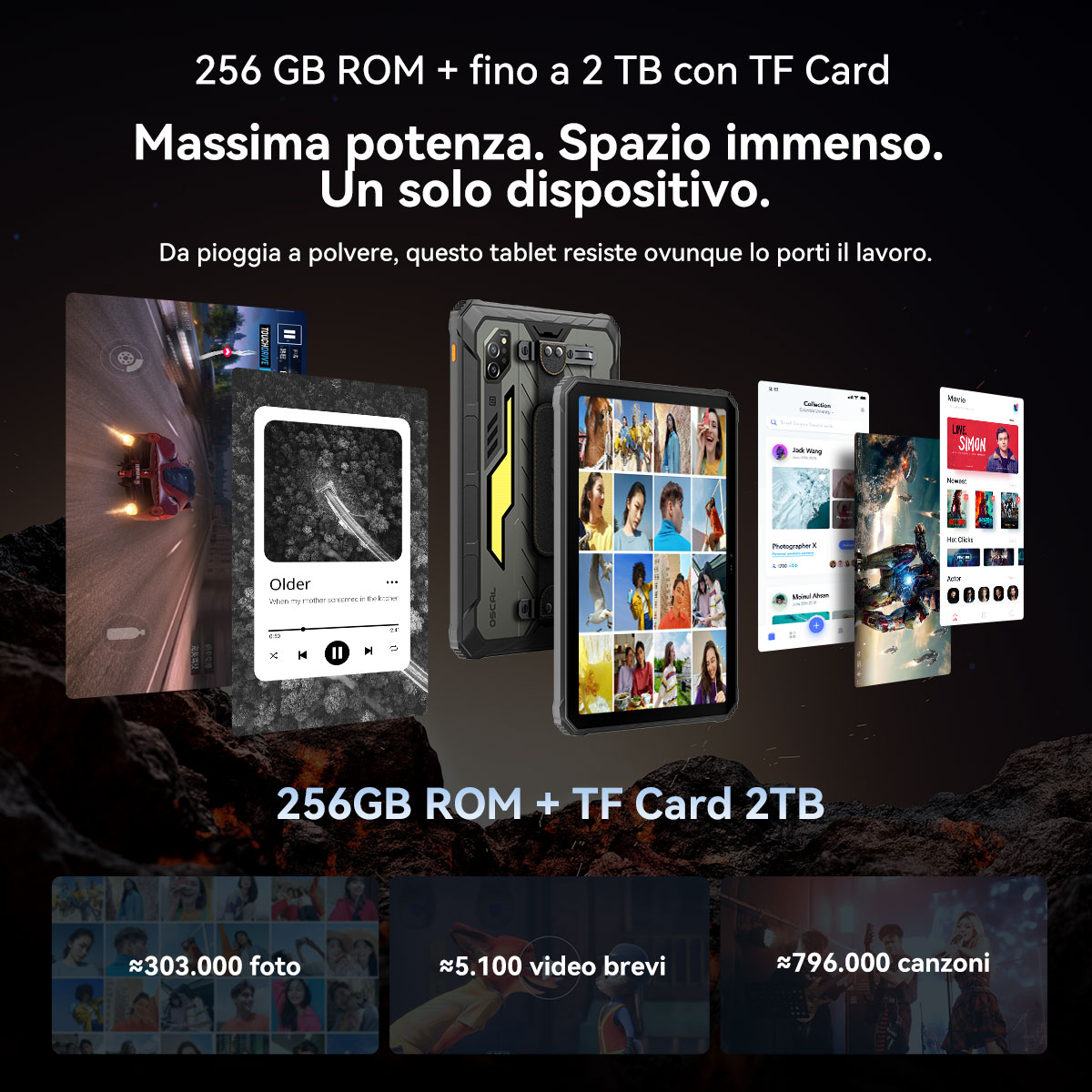 Tablet con app, immagini e testo sulla capacità di archiviazione. Mostrato con una custodia robusta e varie interfacce di app.