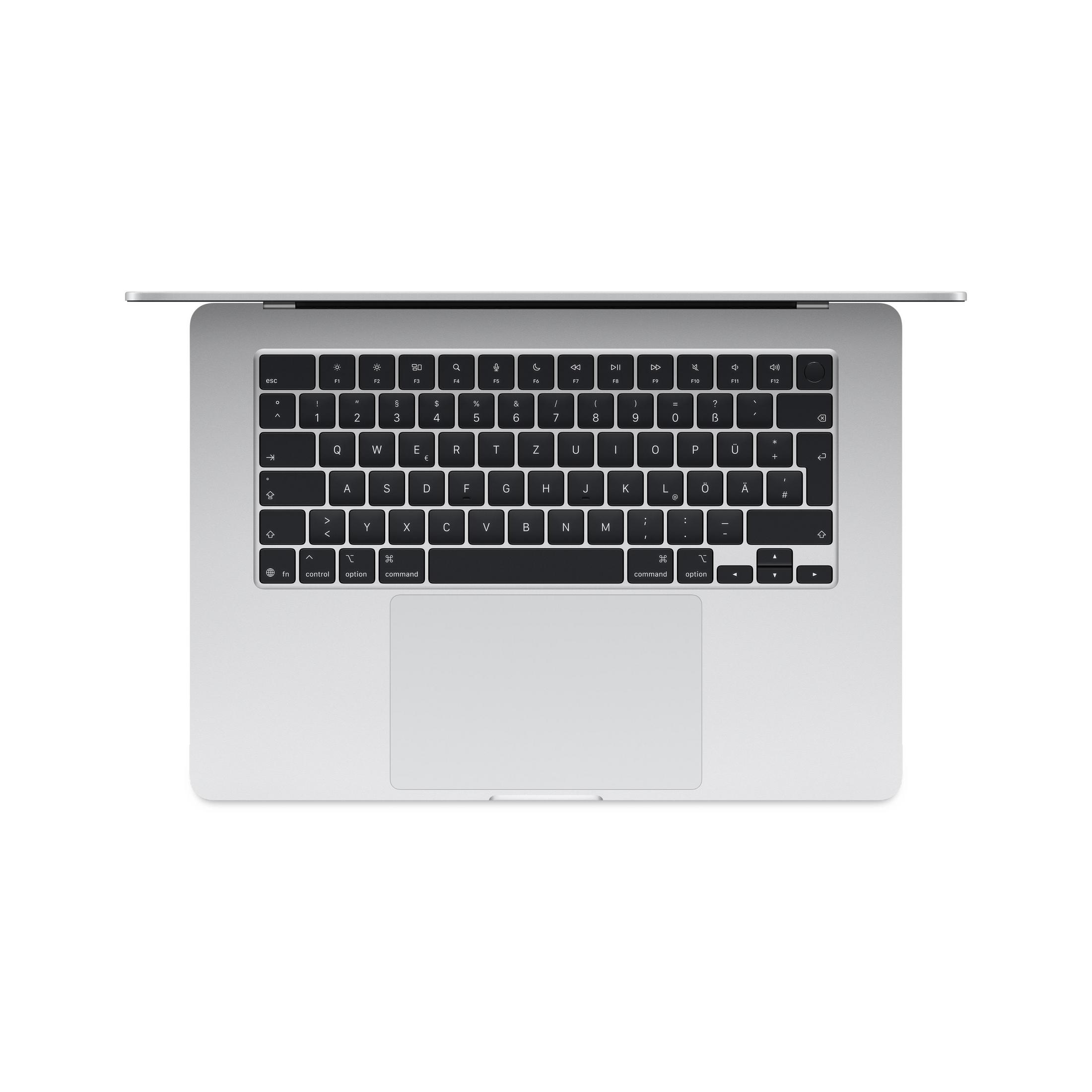 Widok z góry na srebrną klawiaturę laptopa. Widoczne klawisze, w tym litery i symbole. Gładzik jest wyśrodkowany.
