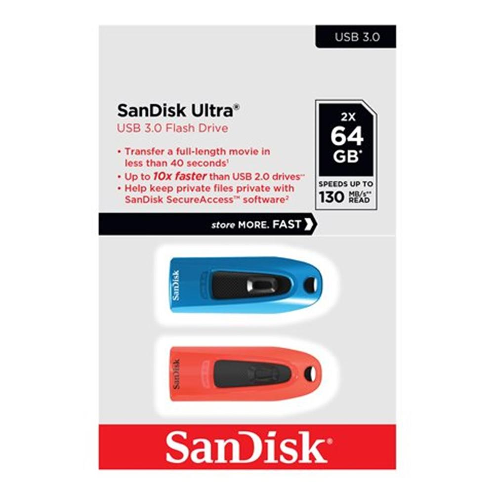 Pendrive USB 3.0 SanDisk. Pokazuje niebieskie i czerwone dyski, 64 GB, prędkości do 130 MB/s odczytu i logo SanDisk.
