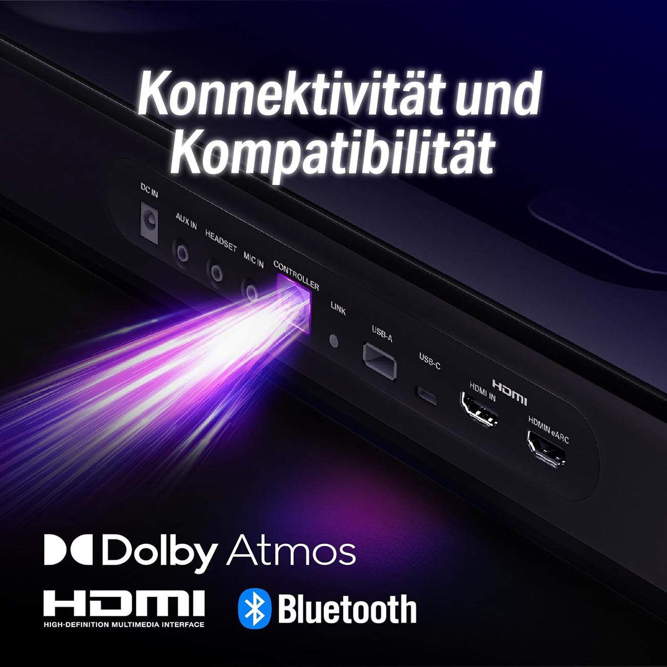 Nahaufnahme eines schwarzen Geräts mit verschiedenen Anschlüssen: DC IN, AUX, USB, HDMI und Bluetooth. Text: Konnektivität und Kompatibilität.