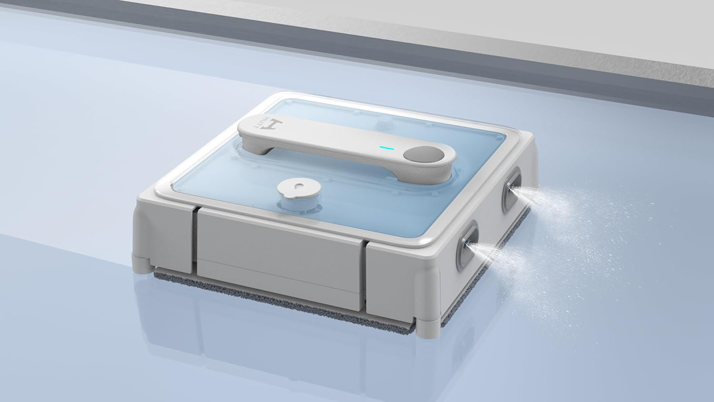 Biały robot do czyszczenia okien rozpyla wodę. Ma uchwyt z przyciskiem i zbiornik na wodę.