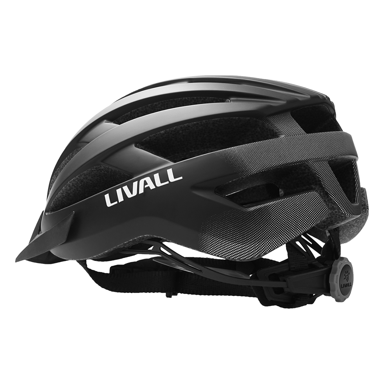 Un casco da ciclismo LIVALL nero. Ha una visiera, prese d'aria e una regolazione a rotella. Il marchio è visibile in bianco.
