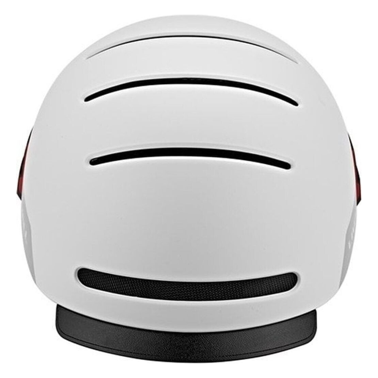 Ein weißer Fahrradhelm mit schwarzen Belüftungsöffnungen. Er hat einen schwarzen Sockel und einen roten Akzent an der Seite.