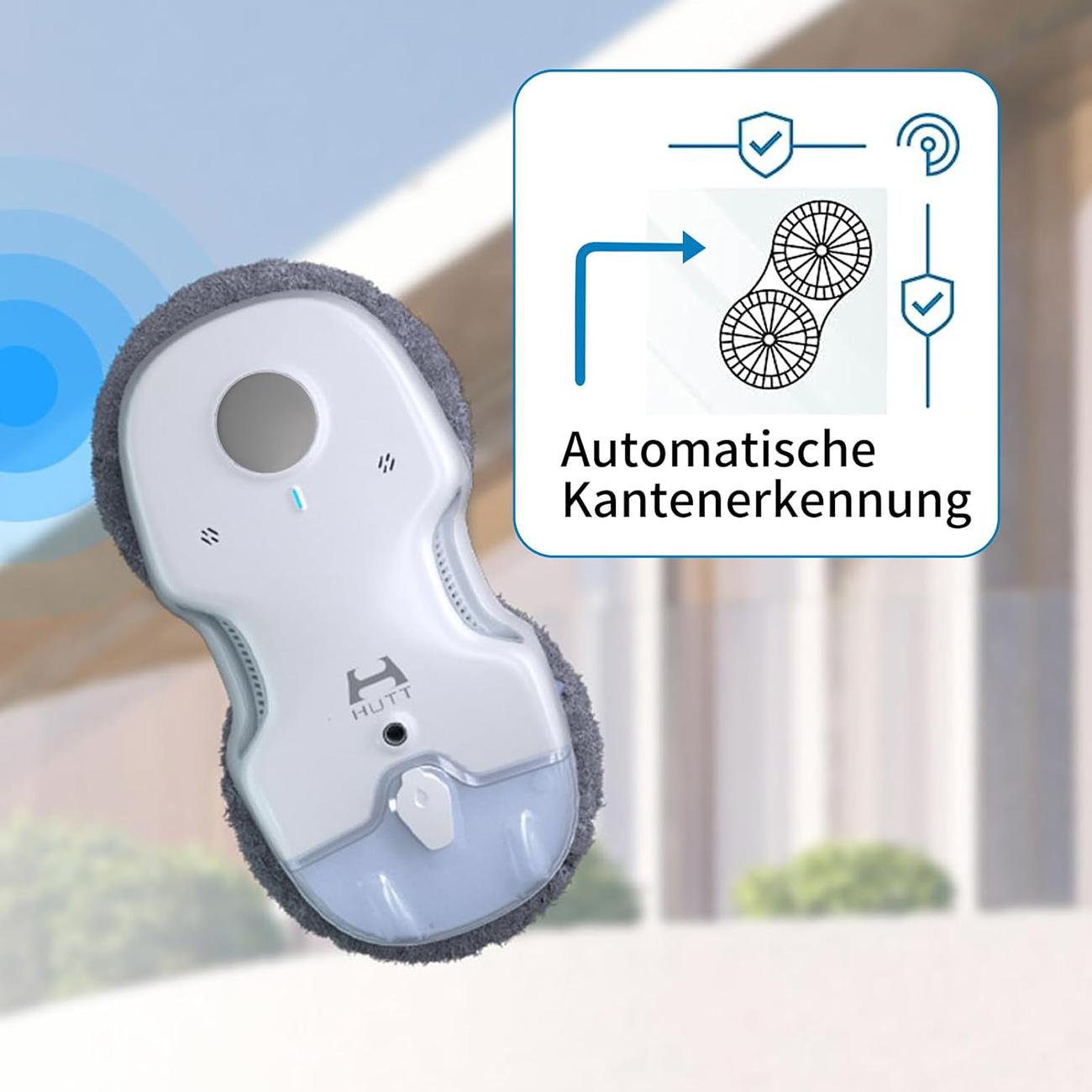 Un nettoyeur de vitres blanc avec un tampon gris, une lumière bleue et une zone de texte indiquant 'Automatische Kantenerkennung'.