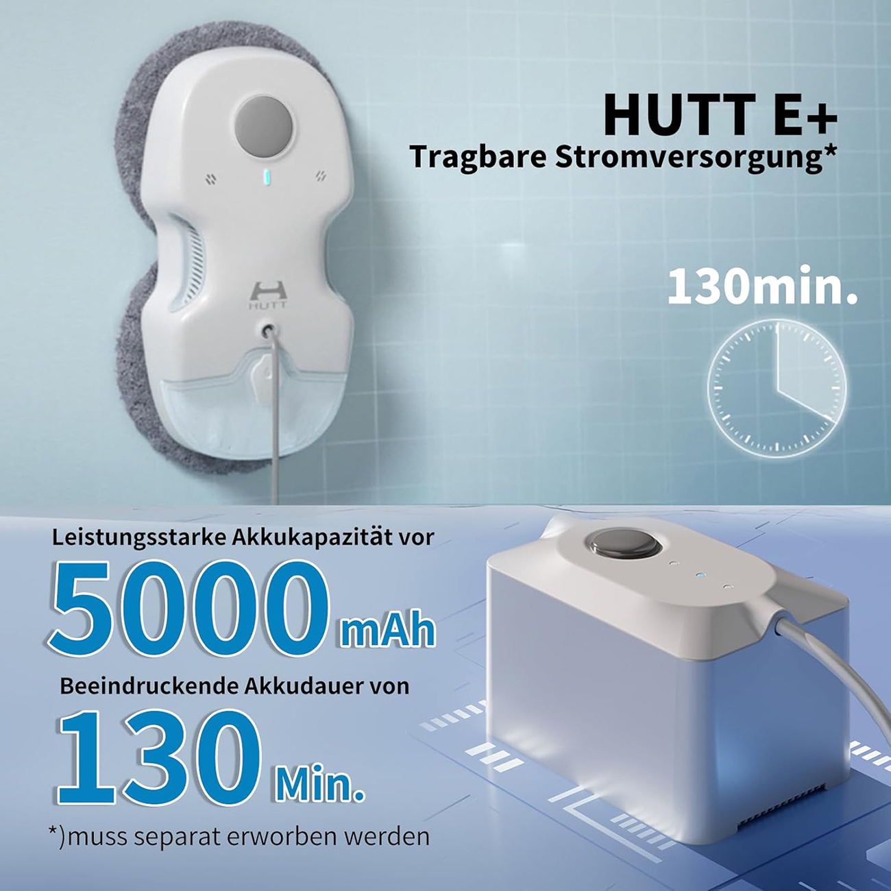 L'image montre un appareil de nettoyage blanc, une banque d'alimentation et du texte sur la capacité et la durée de la batterie.