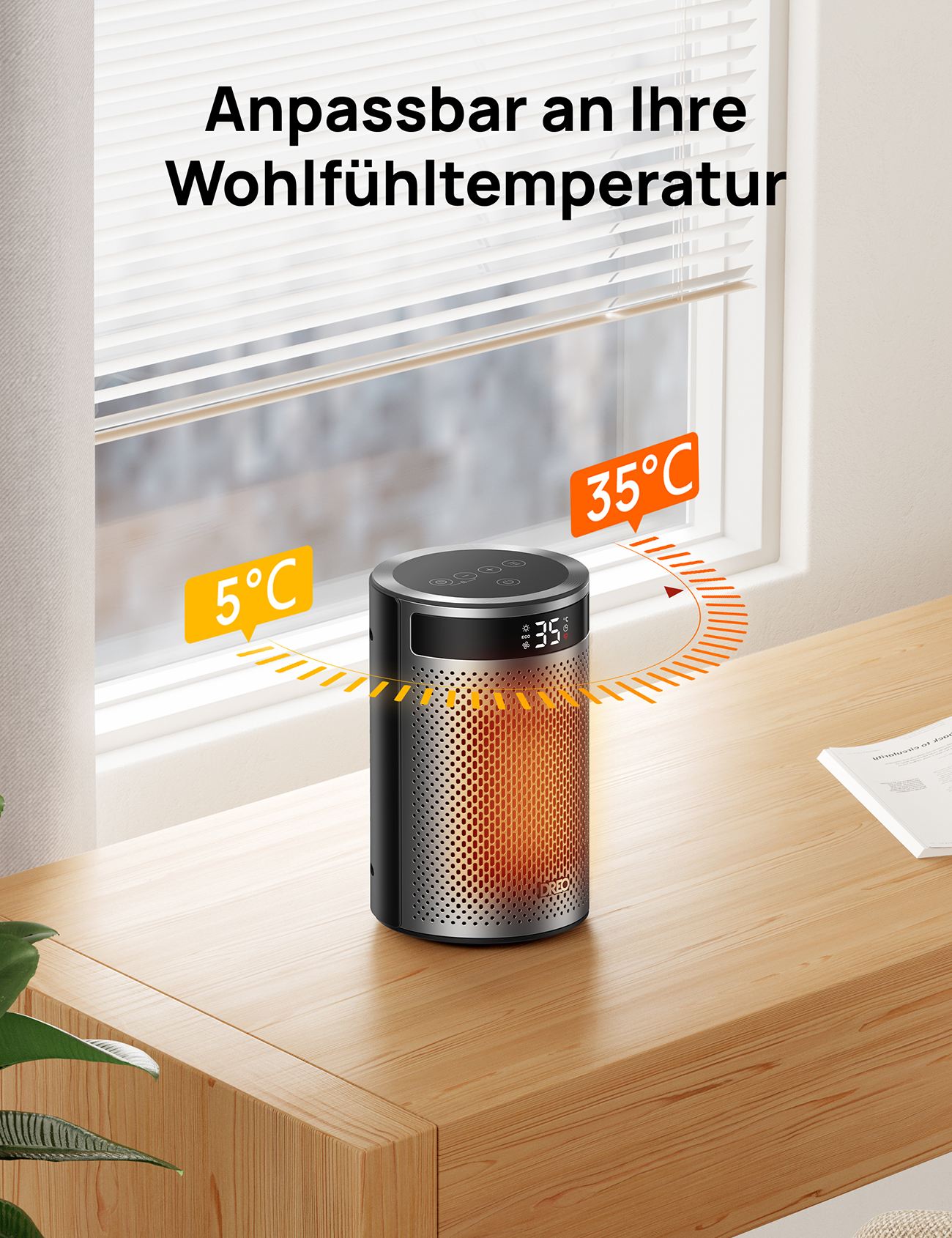 Un calefactor cilíndrico negro sobre una superficie de madera. Ventana al fondo con indicación de temperatura. Se muestra 35°C.