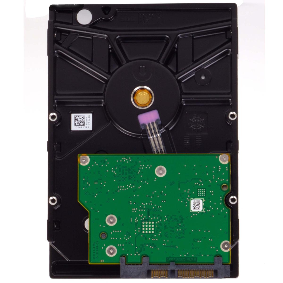 Unità disco rigido, involucro nero con circuito stampato verde. Sono visibili vari componenti, inclusi connettori e chip.