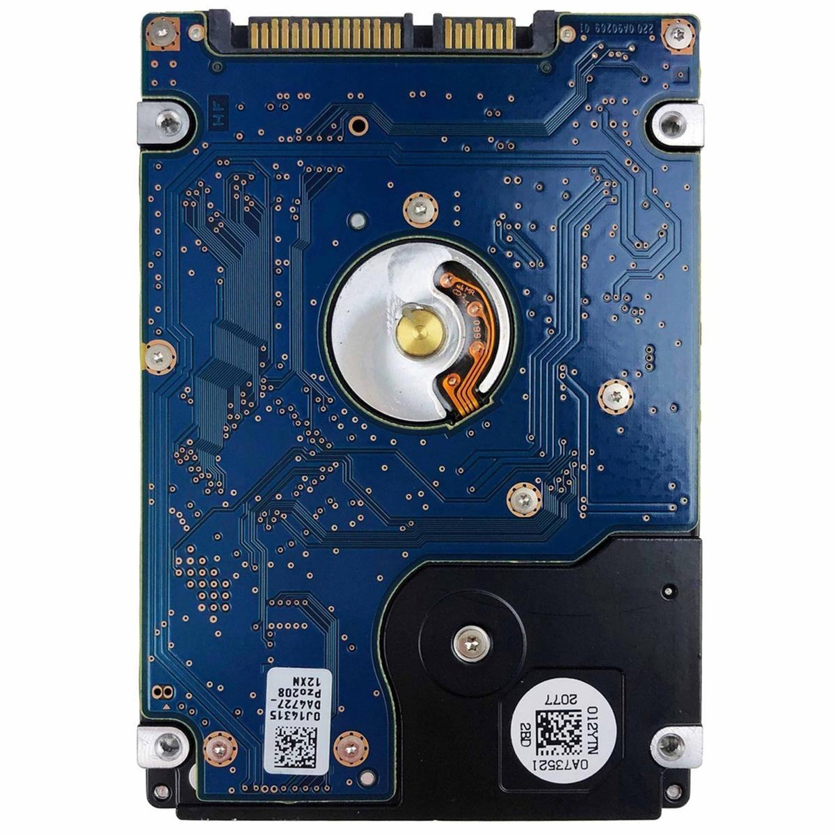 Un circuito stampato blu con connettori dorati, un disco argentato e un componente nero. Sono visibili diverse viti ed etichette.