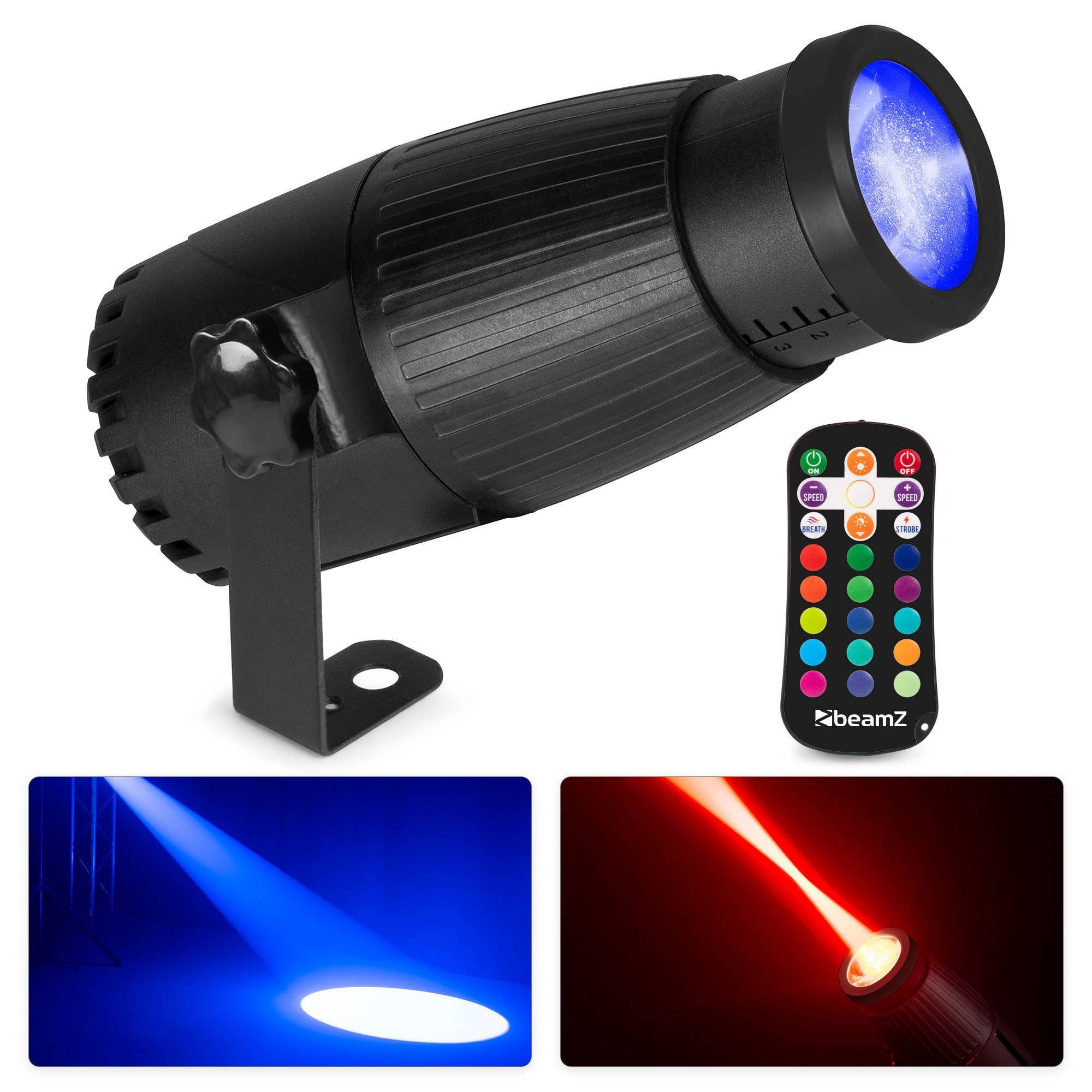 Foco de escenario negro con mando a distancia. Muestra proyecciones de luz azul y roja. Varios colores de luz.