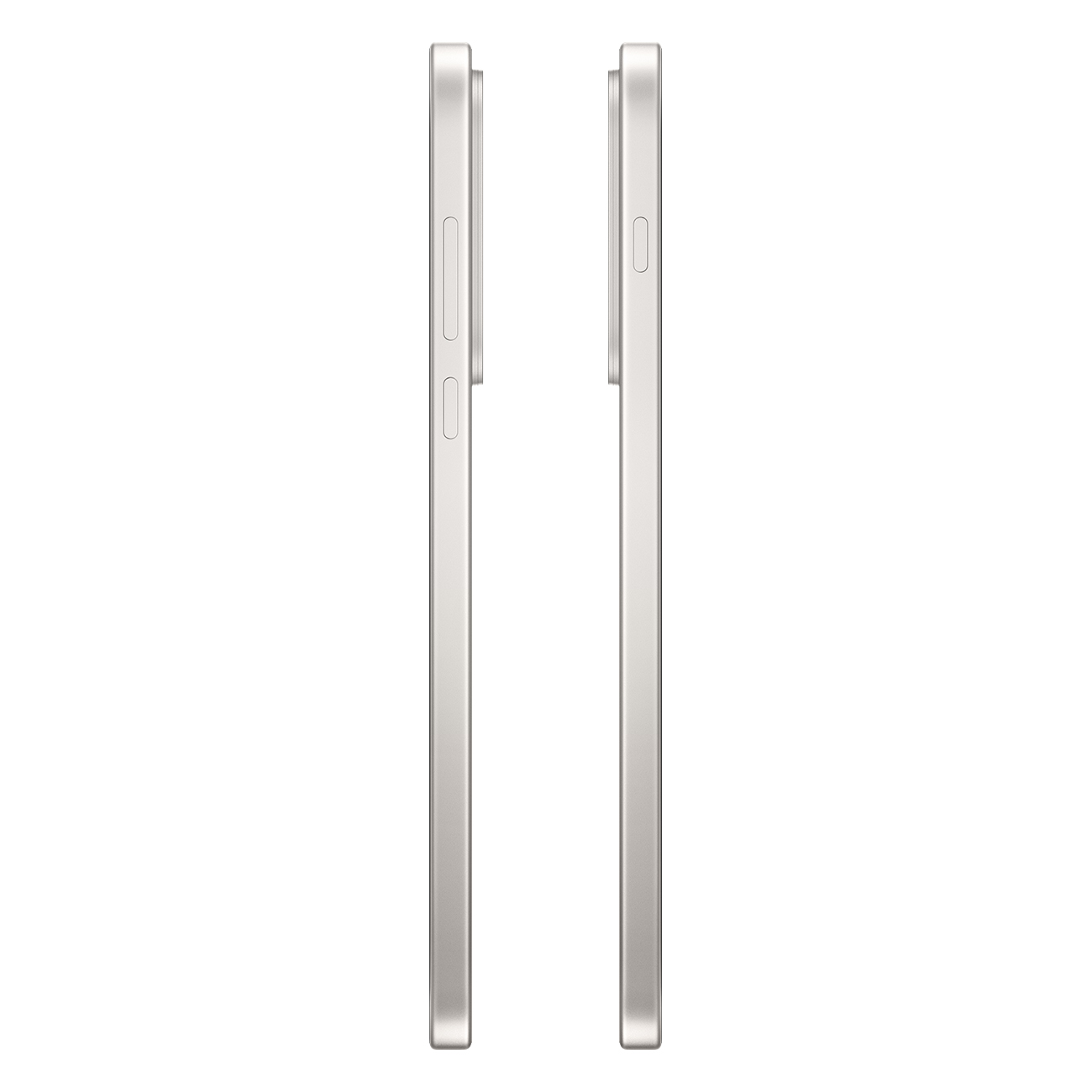 Dwa srebrne smartfony, widok z boku, na białym tle. Jeden pokazuje przyciski, drugi jest gładki. Oba są eleganckie i nowoczesne.