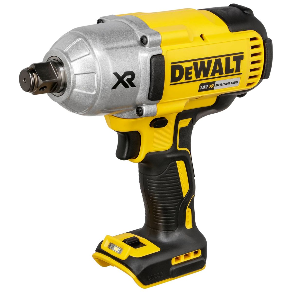 Una chiave a impulsi DeWalt 18V XR senza spazzole gialla e nera. Ha un frontale argentato e un'impugnatura nera. L'utensile è nuovo.