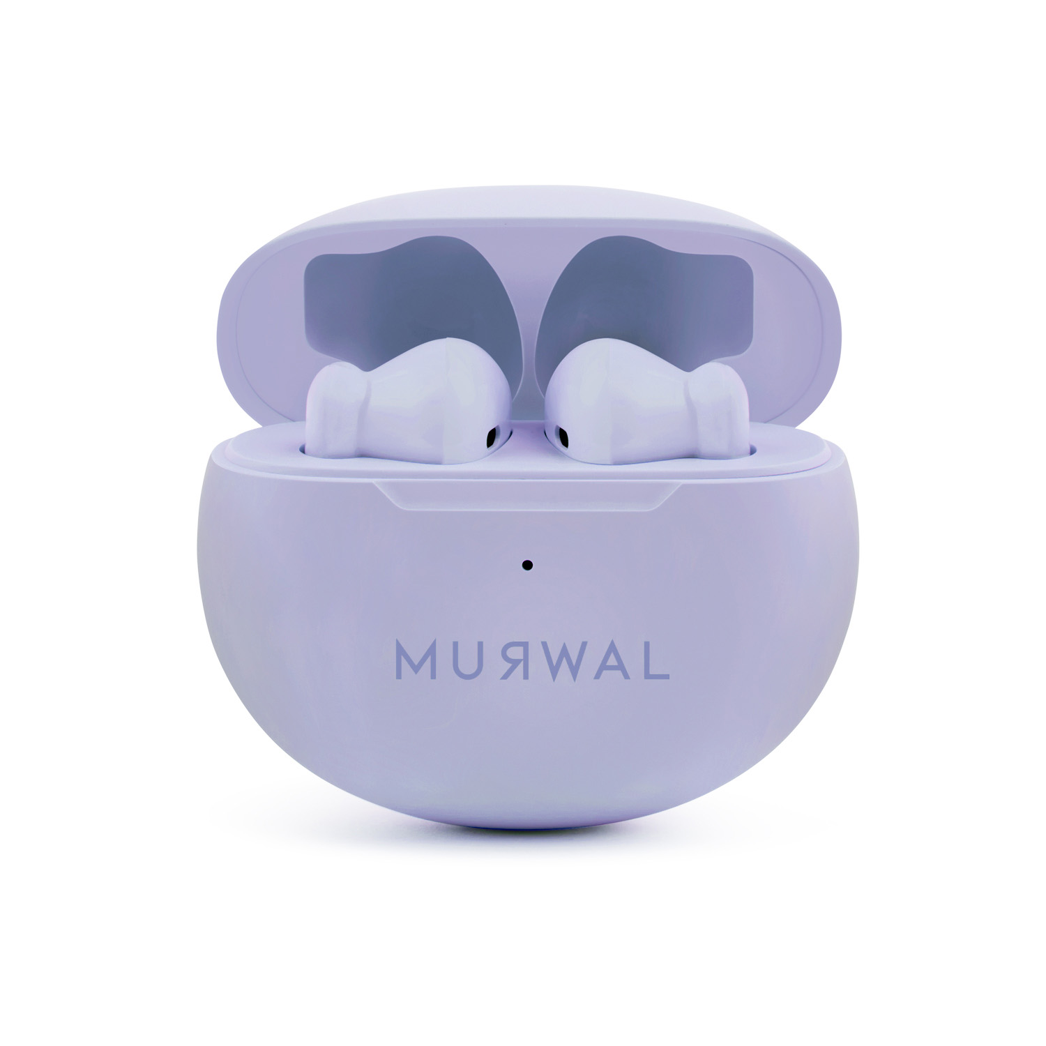 Estuche de auriculares lila claro abierto con dos auriculares blancos dentro. El estuche tiene la marca 'MUЯWAL'.