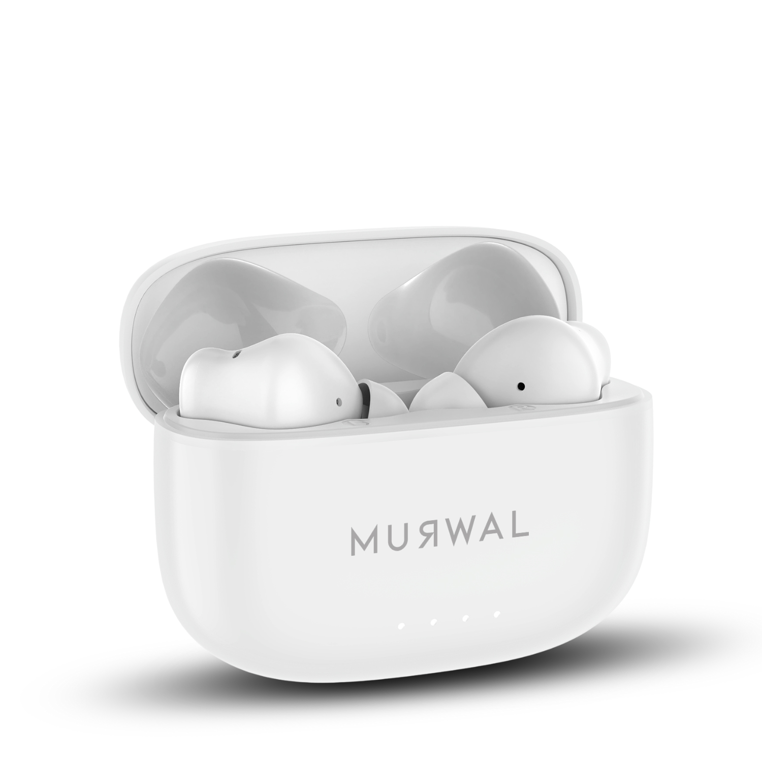 Auriculares inalámbricos blancos en un estuche de carga abierto. El estuche tiene la marca 'MUЯWAL' impresa. Tres luces indican el nivel de batería.
