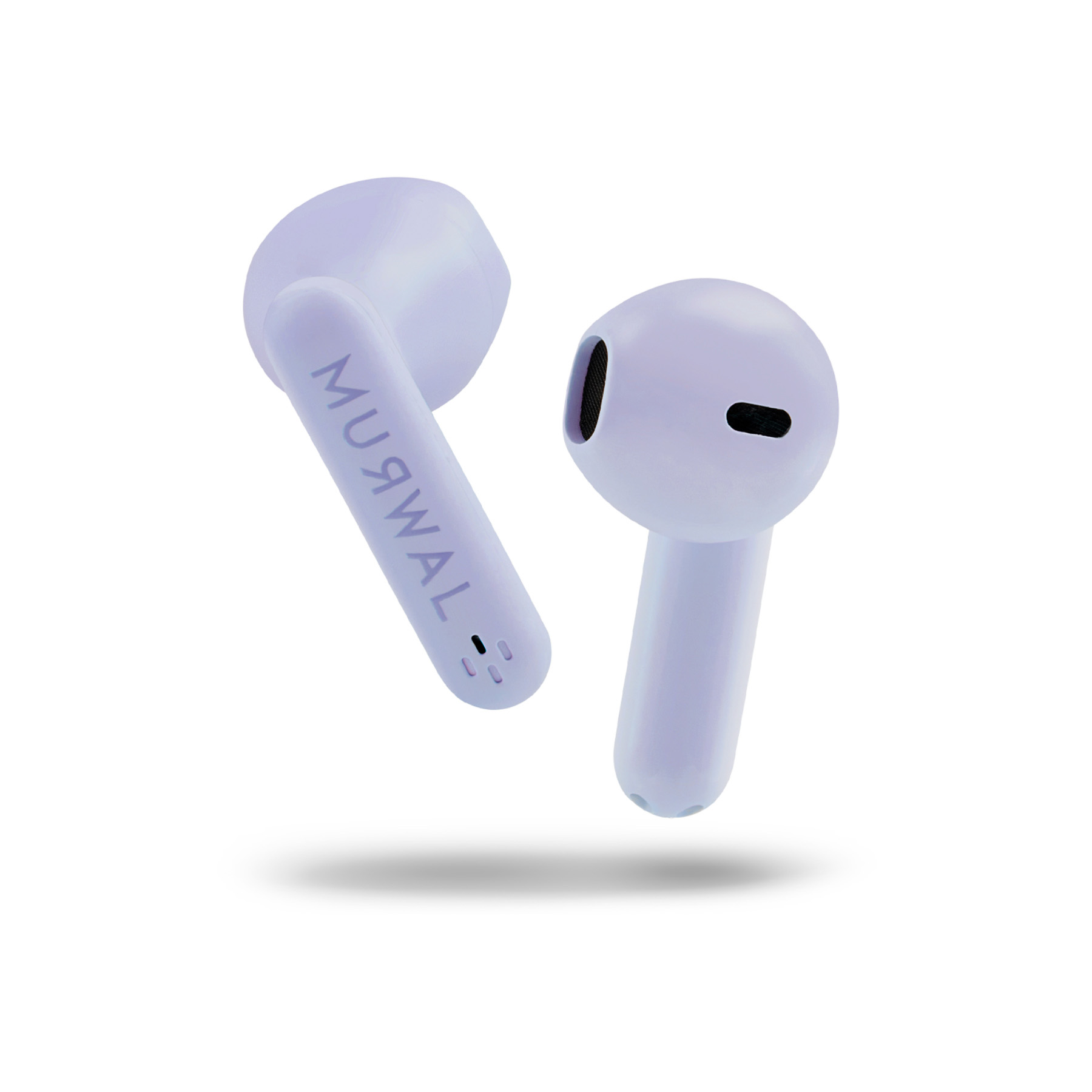 Dos auriculares inalámbricos color lavanda sobre fondo blanco. Un auricular muestra la palabra 'MUЯWAƧ'.