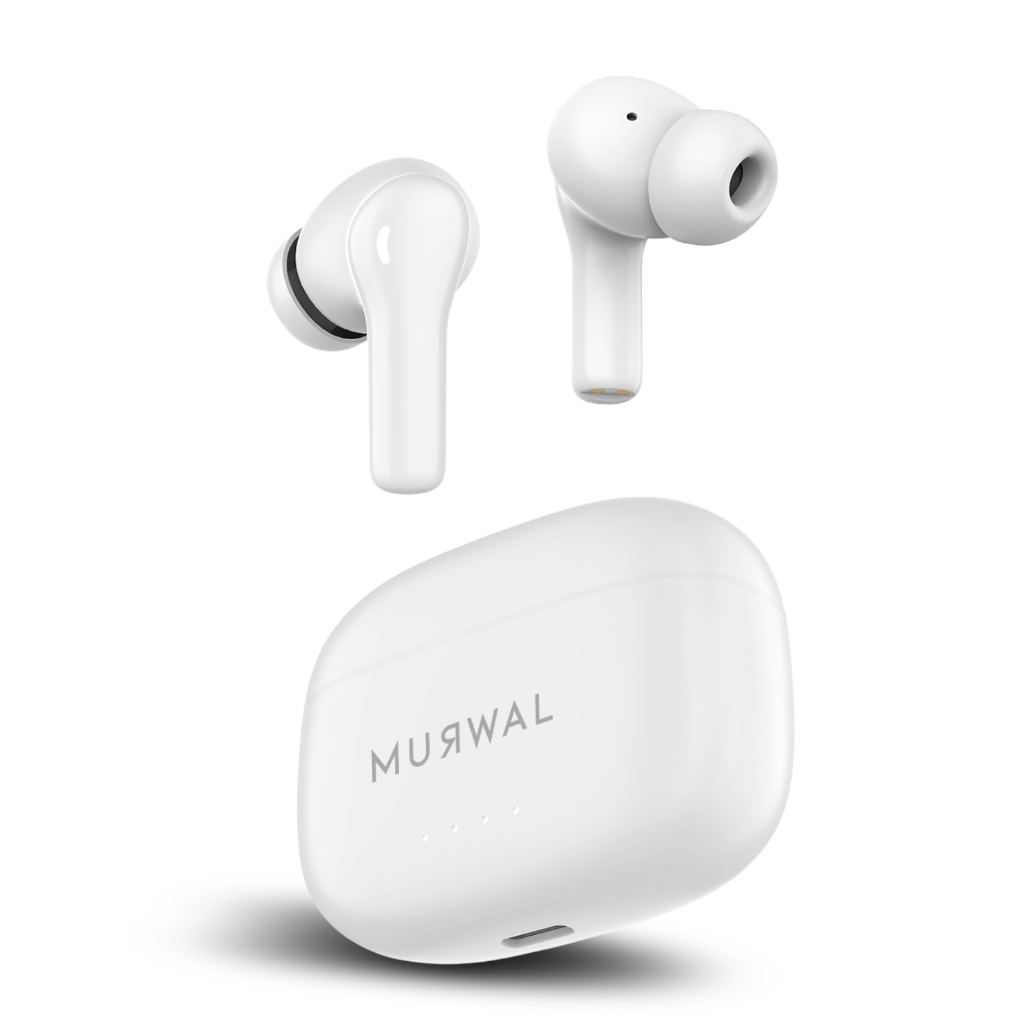 Auriculares inalámbricos blancos y estuche de carga. Auriculares arriba, estuche abajo. La marca es MUЯWAL.