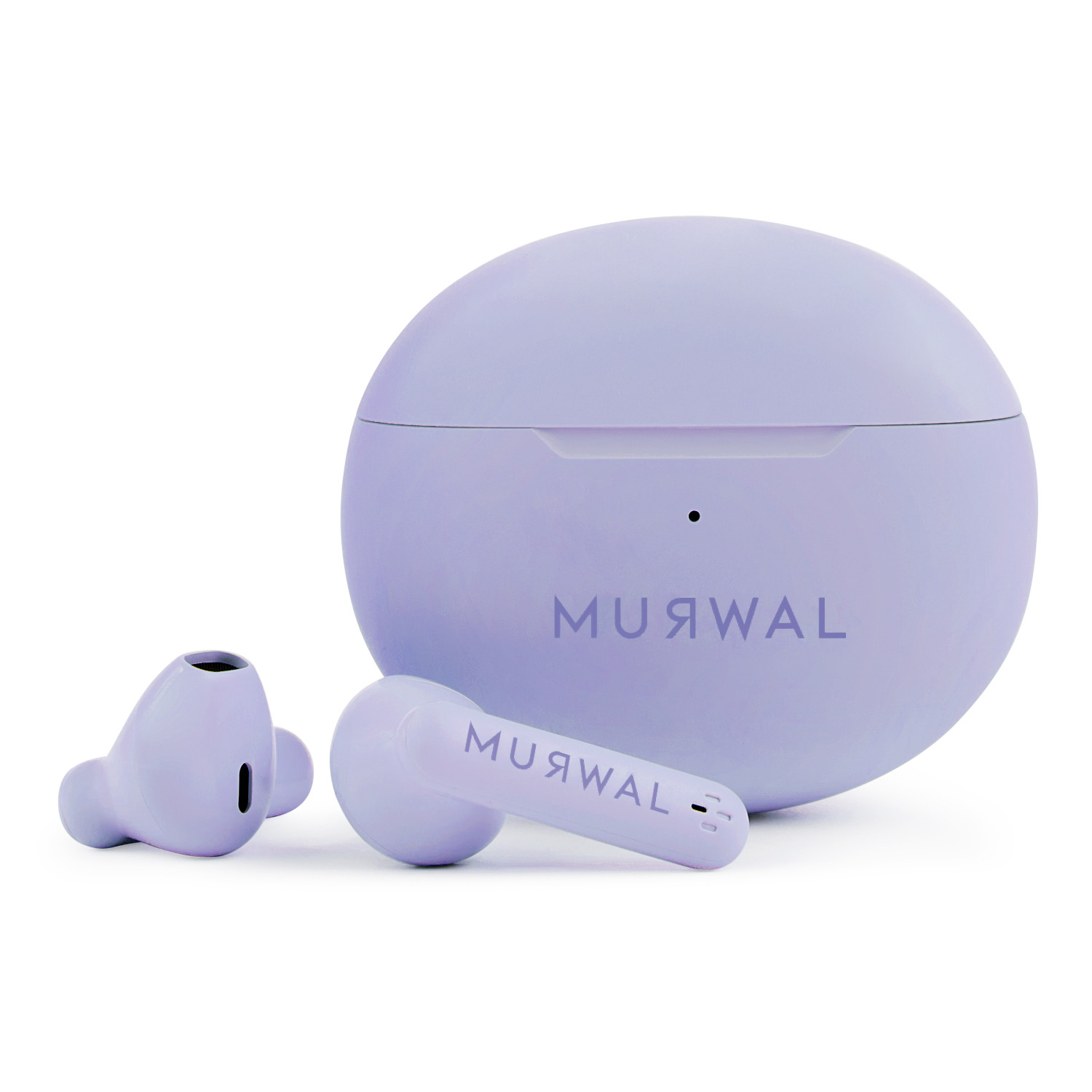Un juego de auriculares inalámbricos morados claros, con estuche de carga y dos auriculares. La marca MUЯWAL es visible.