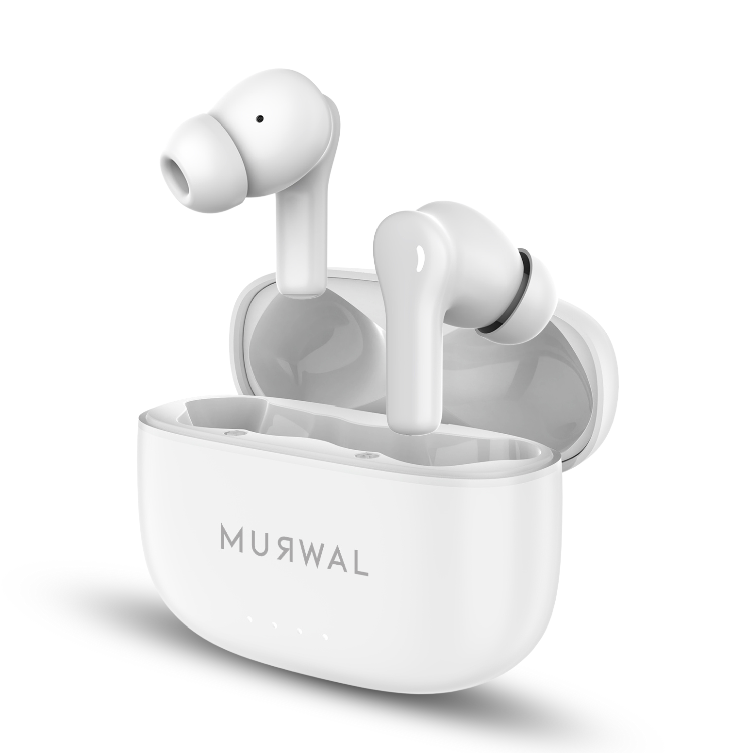 Auriculares inalámbricos blancos en un estuche de carga abierto. El estuche tiene la marca 'MU9WAL' y cuatro pequeñas luces indicadoras.